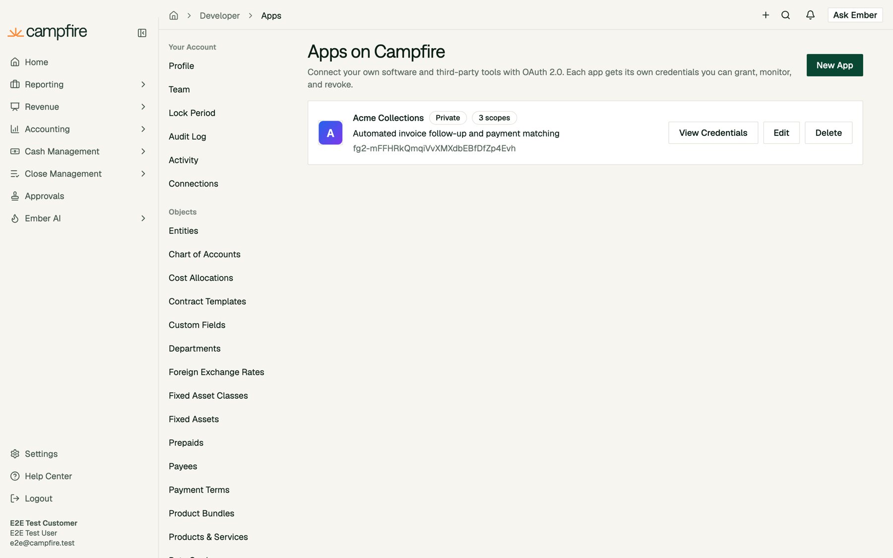 The Apps page listing Acme Collections as Private with 3 scopes