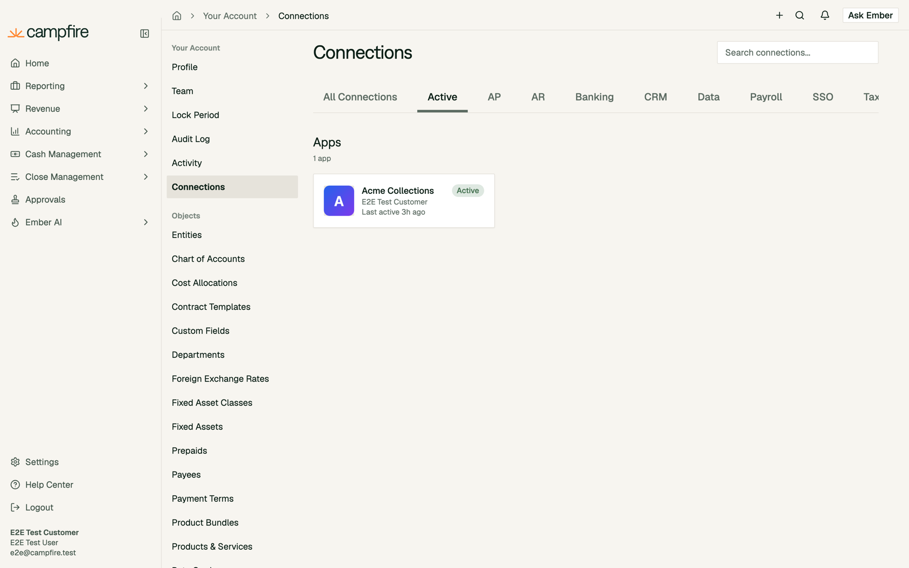 The Connections page, Active tab, showing Acme Collections under Apps