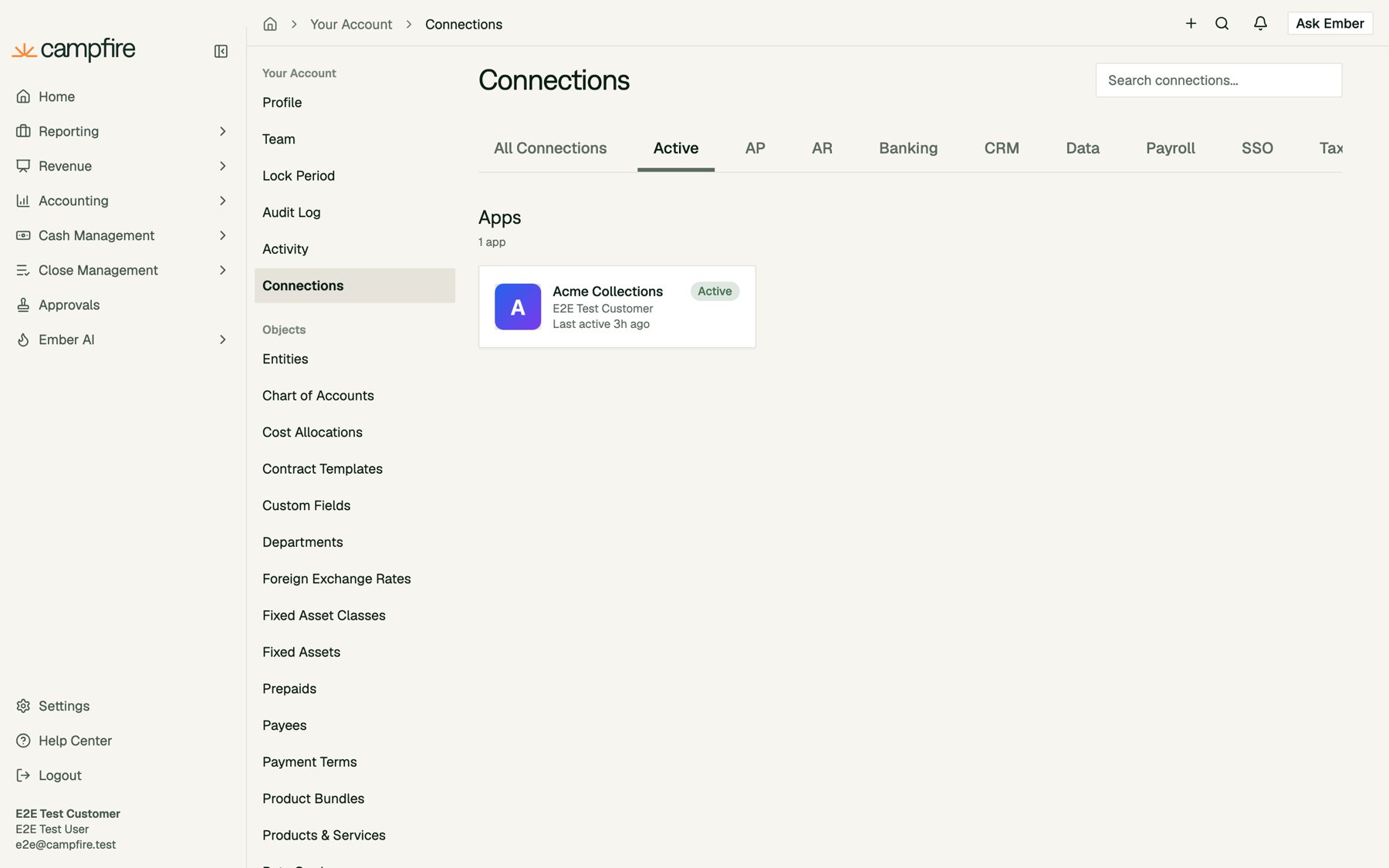 The Connections page, Active tab, showing Acme Collections under Apps