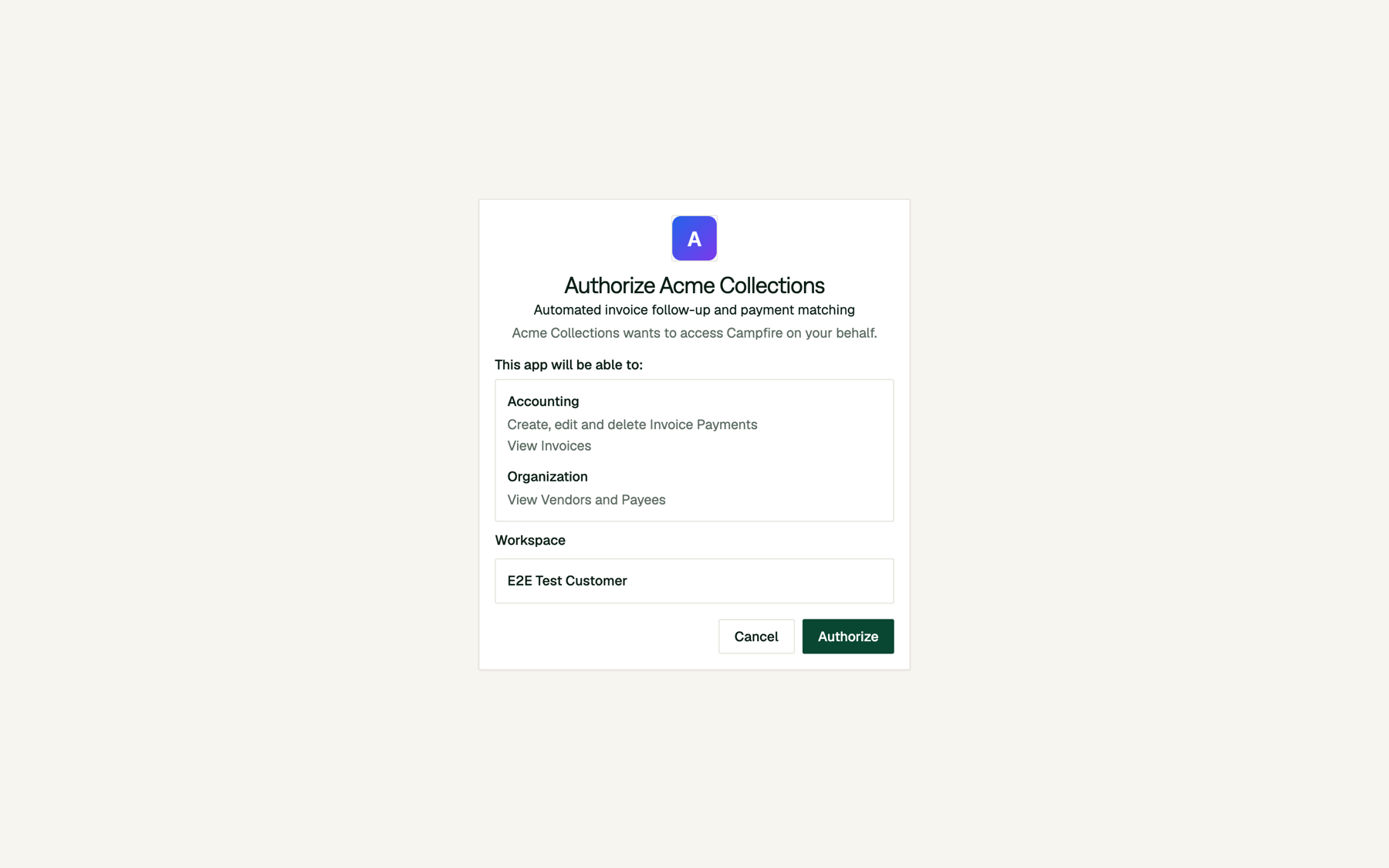 The Authorize Acme Collections consent screen listing the requested permissions and the workspace