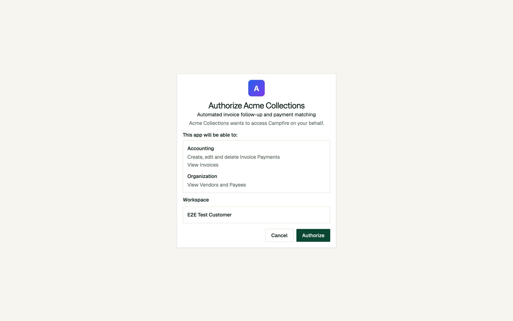 The Authorize Acme Collections consent screen listing the requested permissions and the workspace