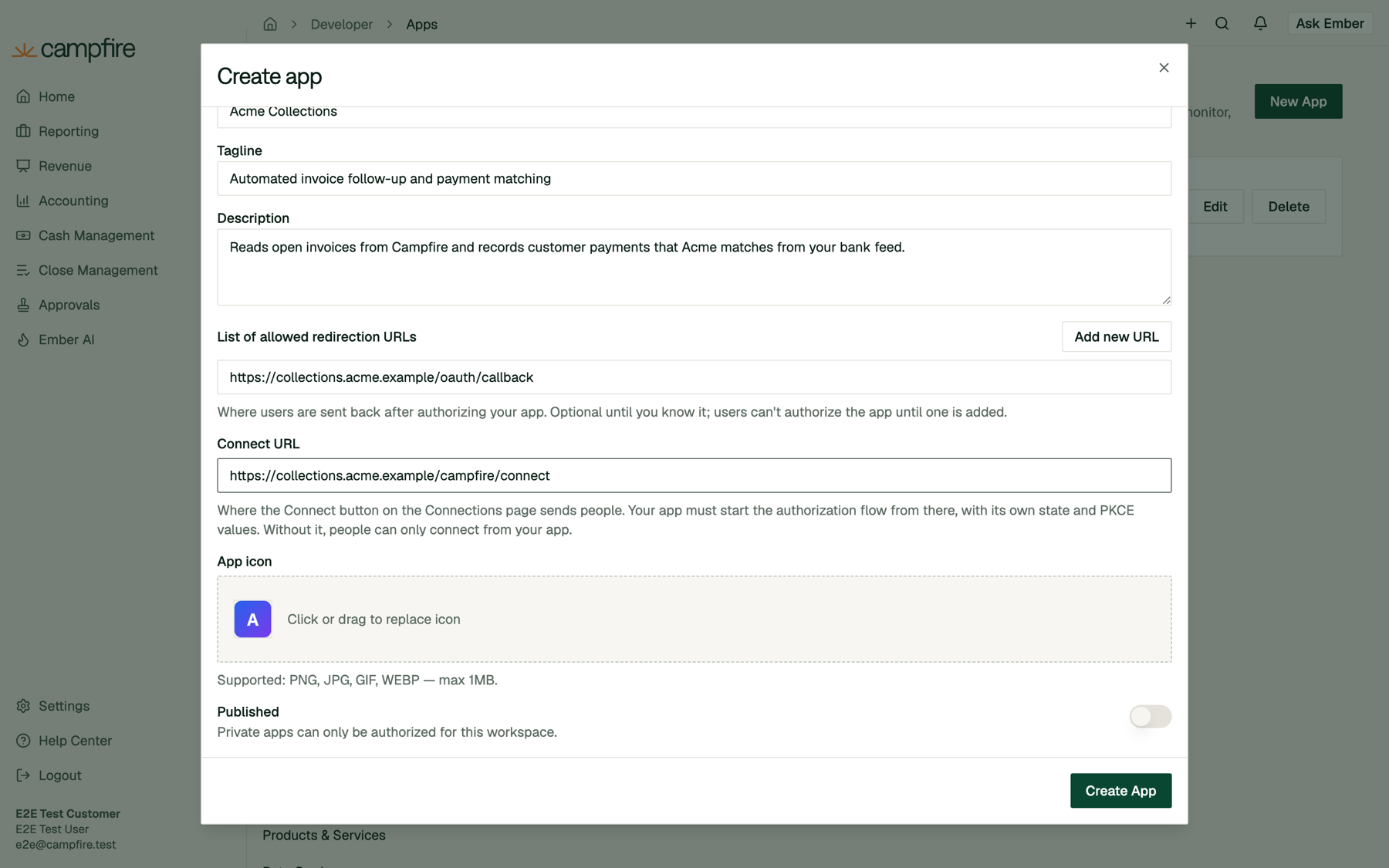 The rest of the Details tab, showing the Connect URL, App icon, and Published toggle