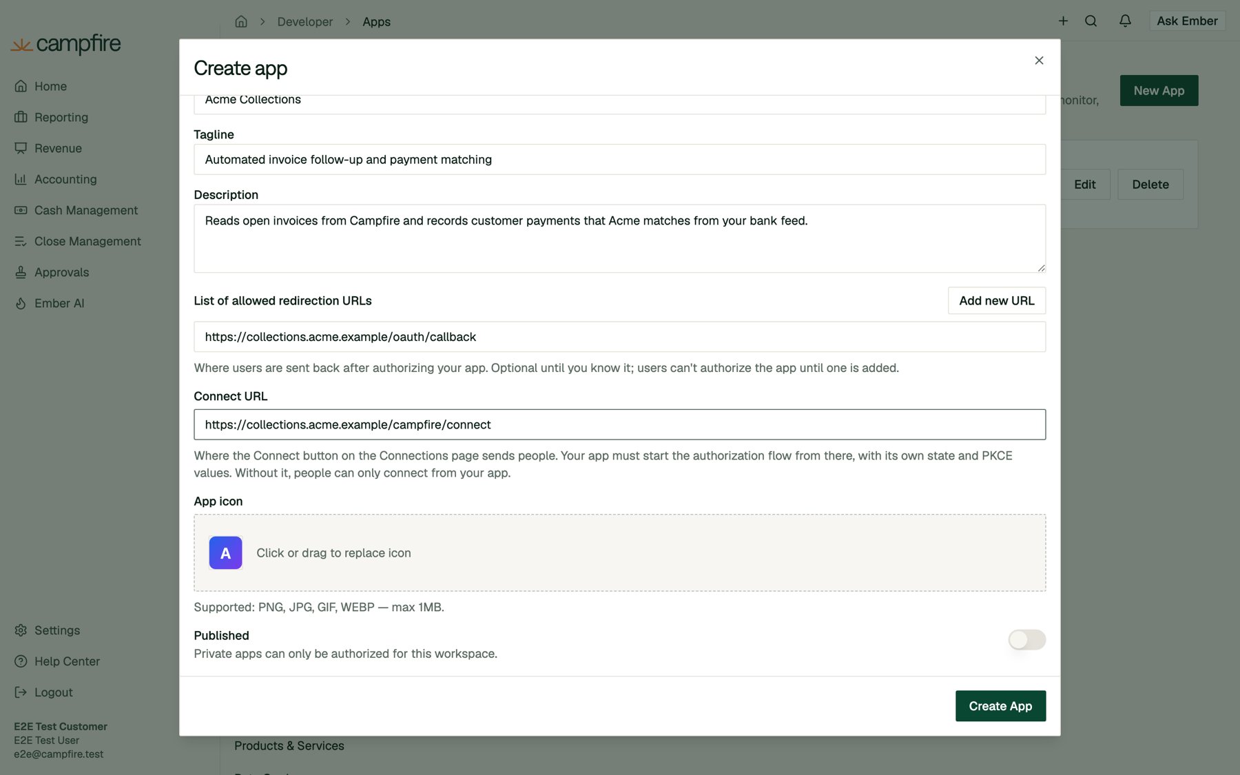 The rest of the Details tab, showing the Connect URL, App icon, and Published toggle
