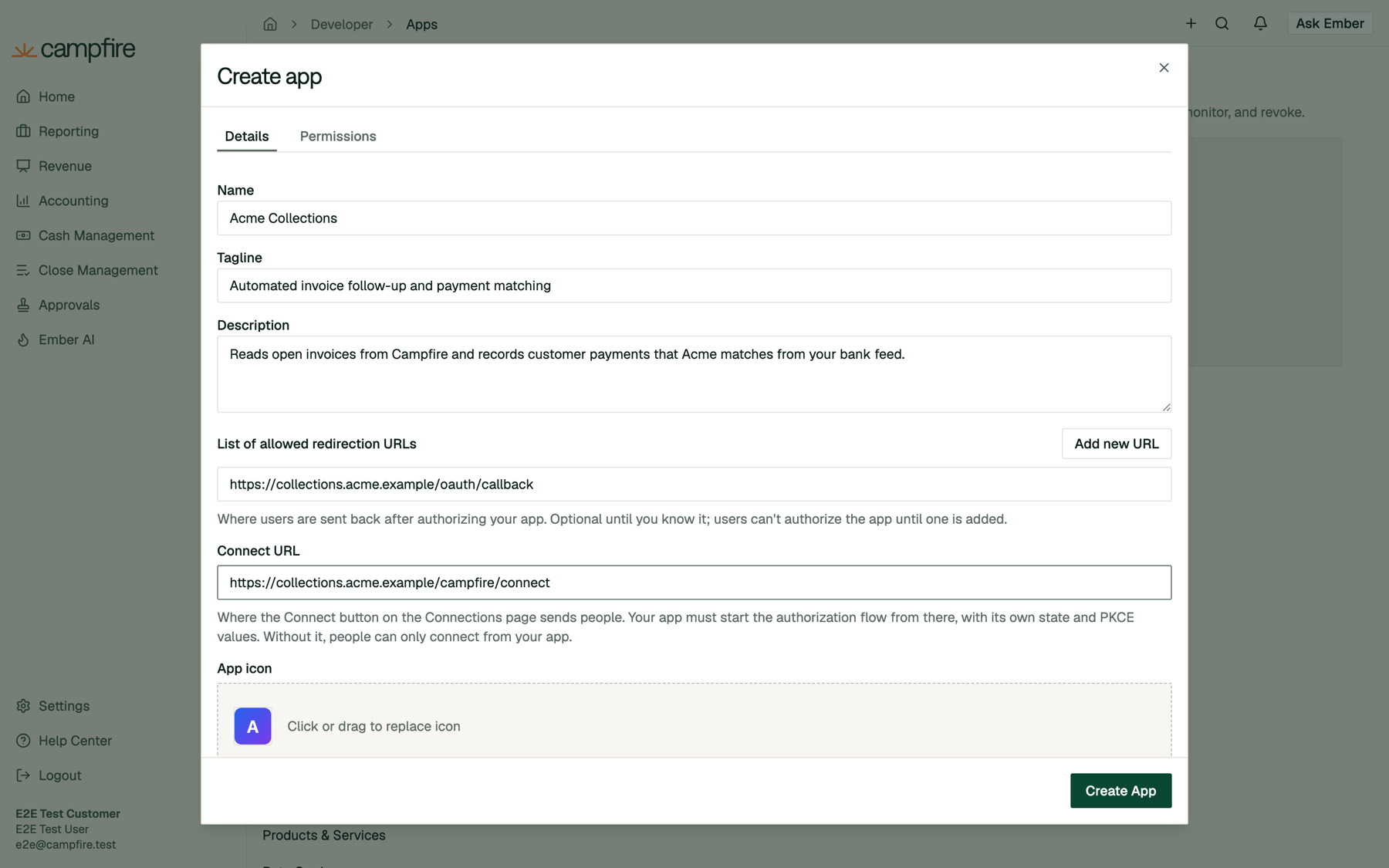 The Details tab of the Create app dialog