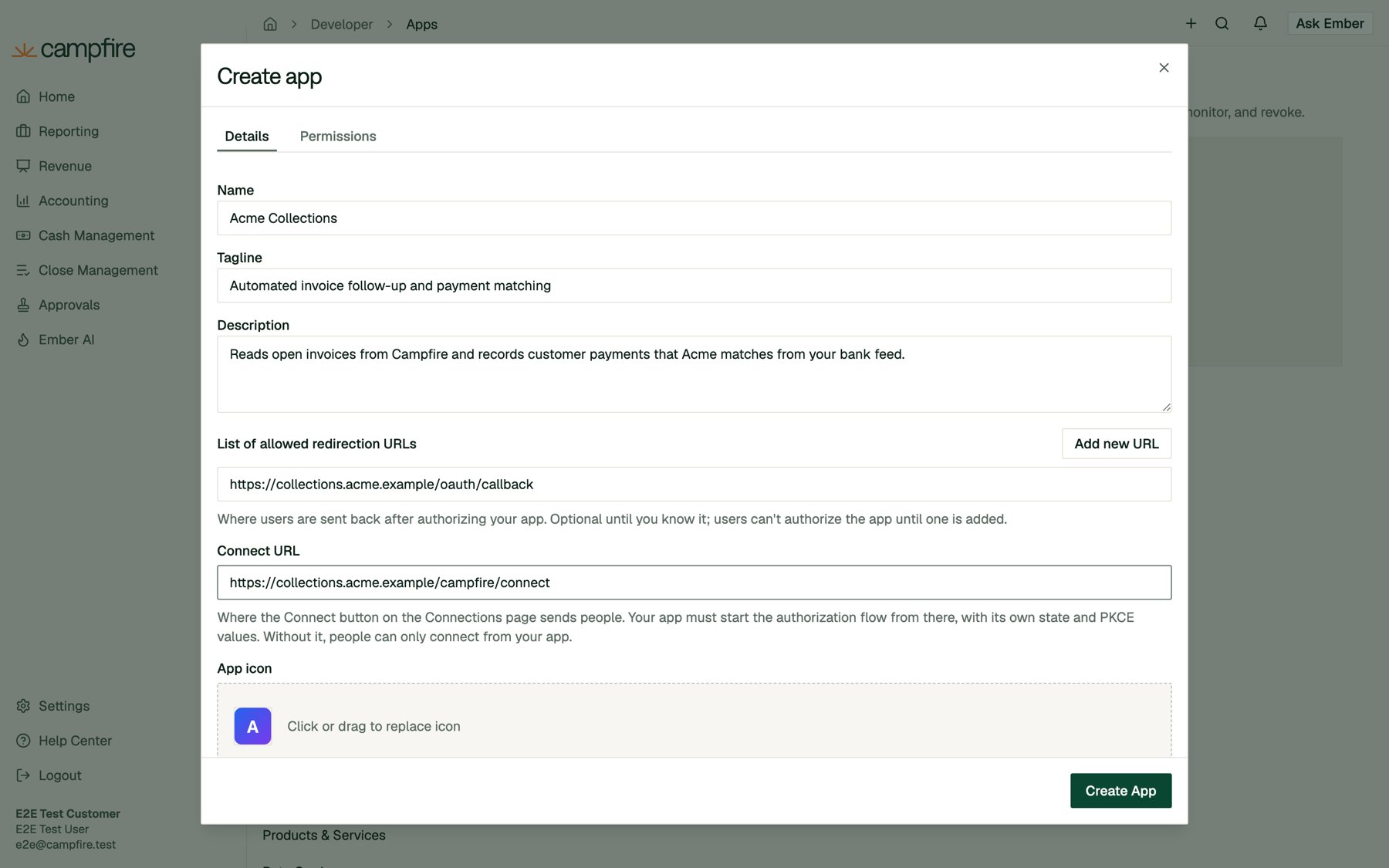 The Details tab of the Create app dialog