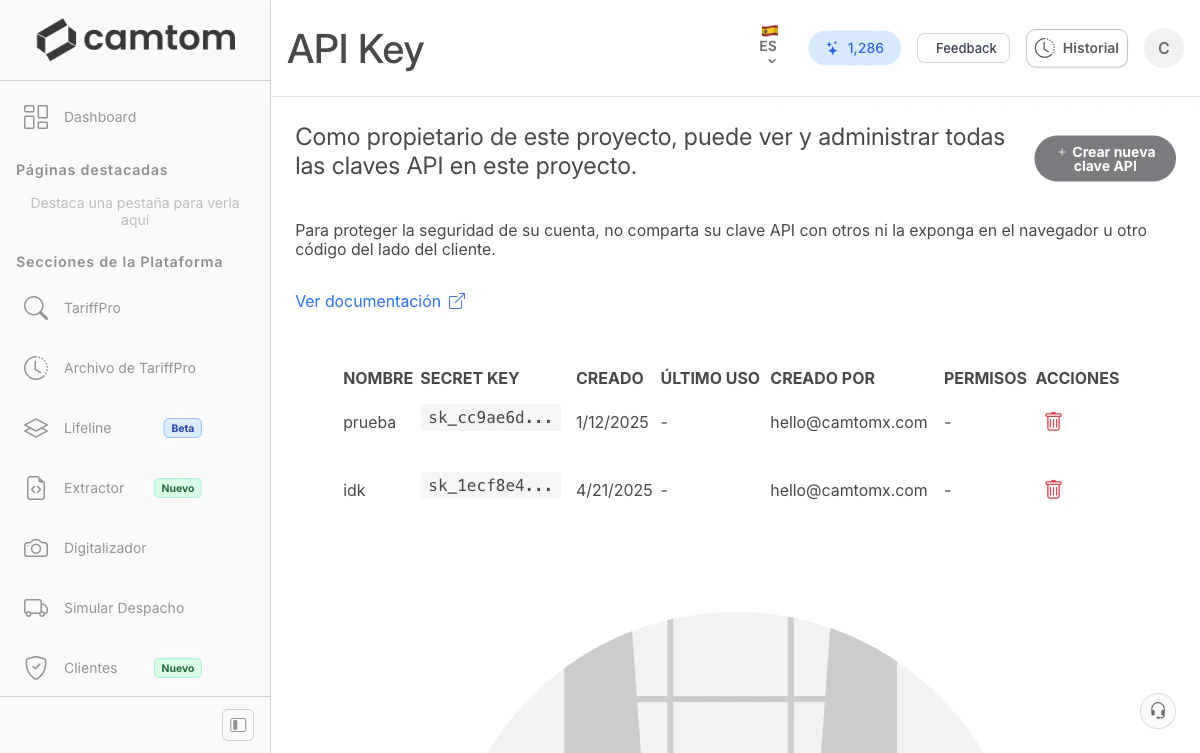 Panel de administración de API Keys en Camtom