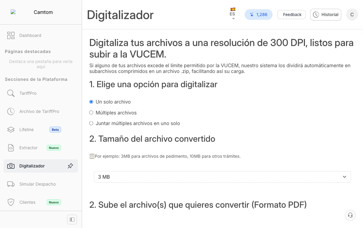 Interfaz de Digiter (Digitalizador) para conversión de PDFs a formato VUCEM