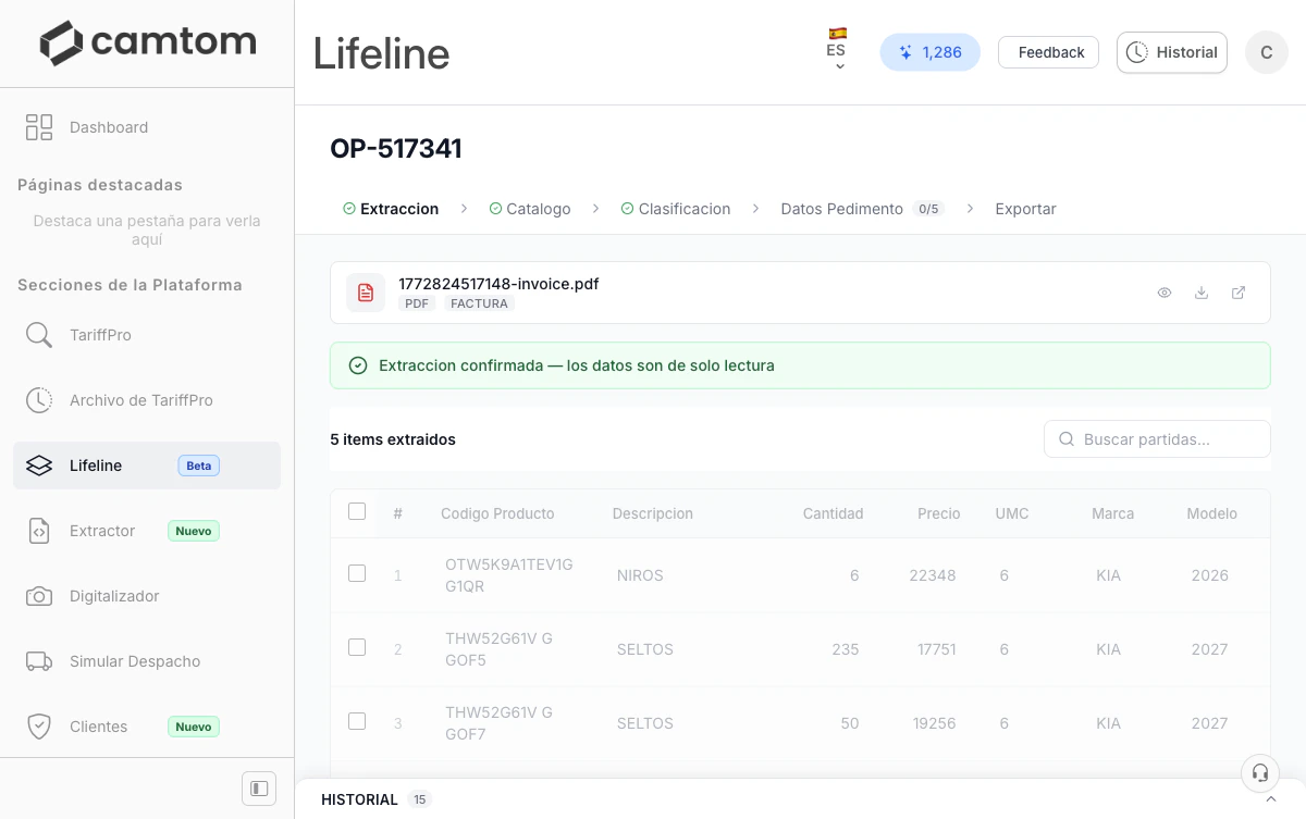 Detalle de una operación en Lifeline: pipeline de pasos y partidas extraídas