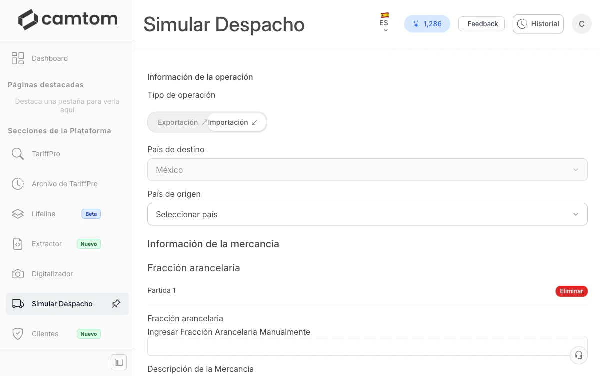 Interfaz de Simular Despacho (Quoter) para cotizaciones de importación y exportación