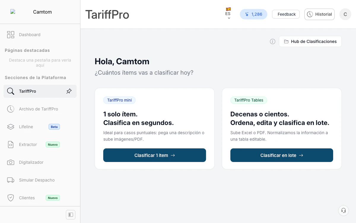 Pantalla principal de TariffPro: Mini y Tables