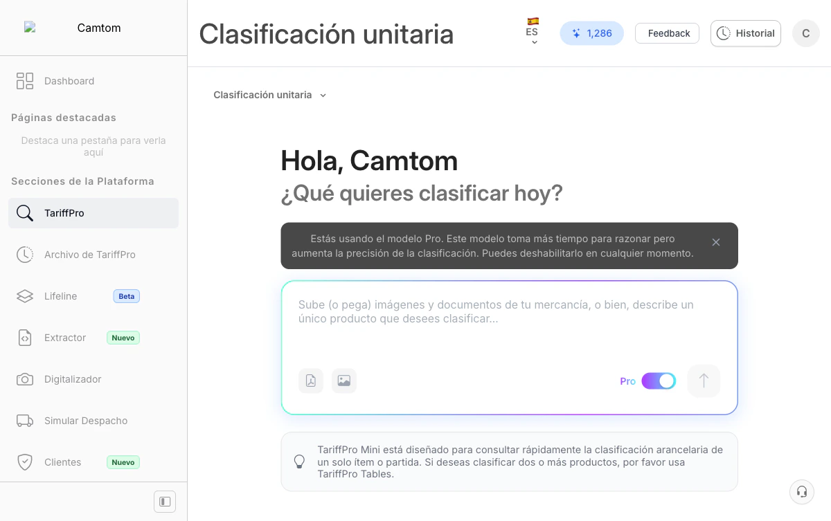 Interfaz de clasificación unitaria de TariffPro Mini