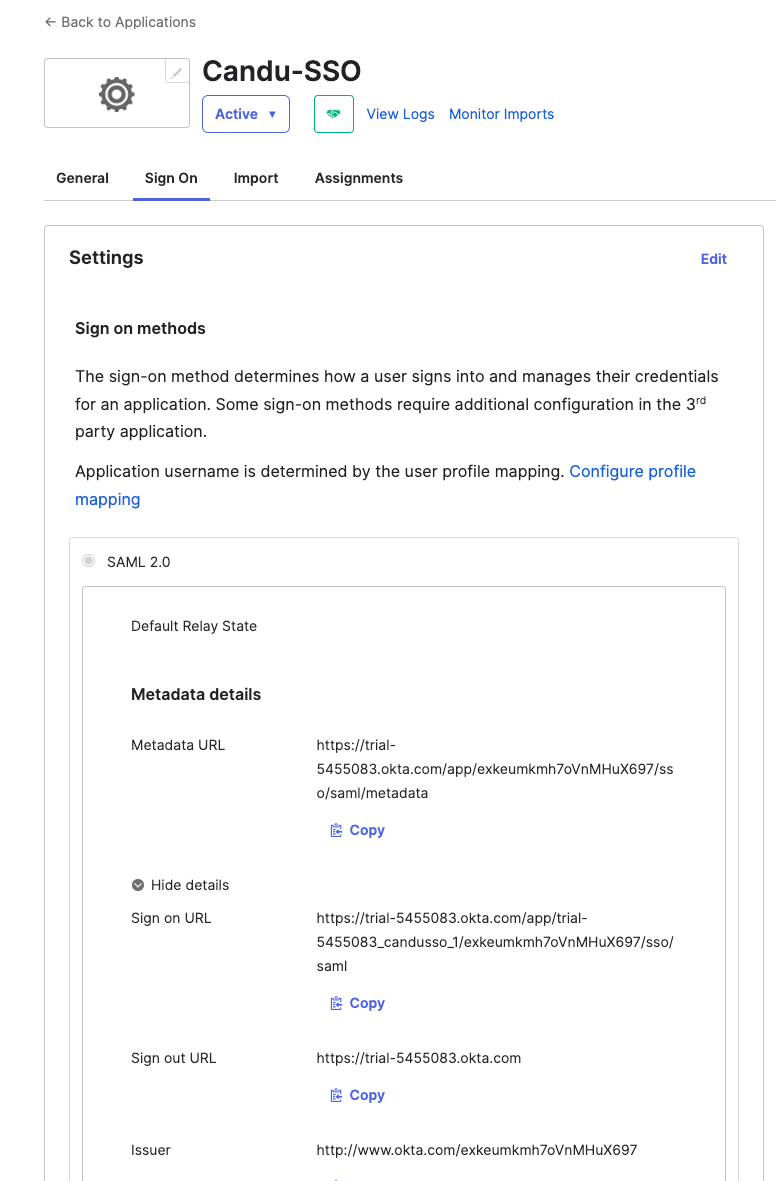 Okta SSO configuration step