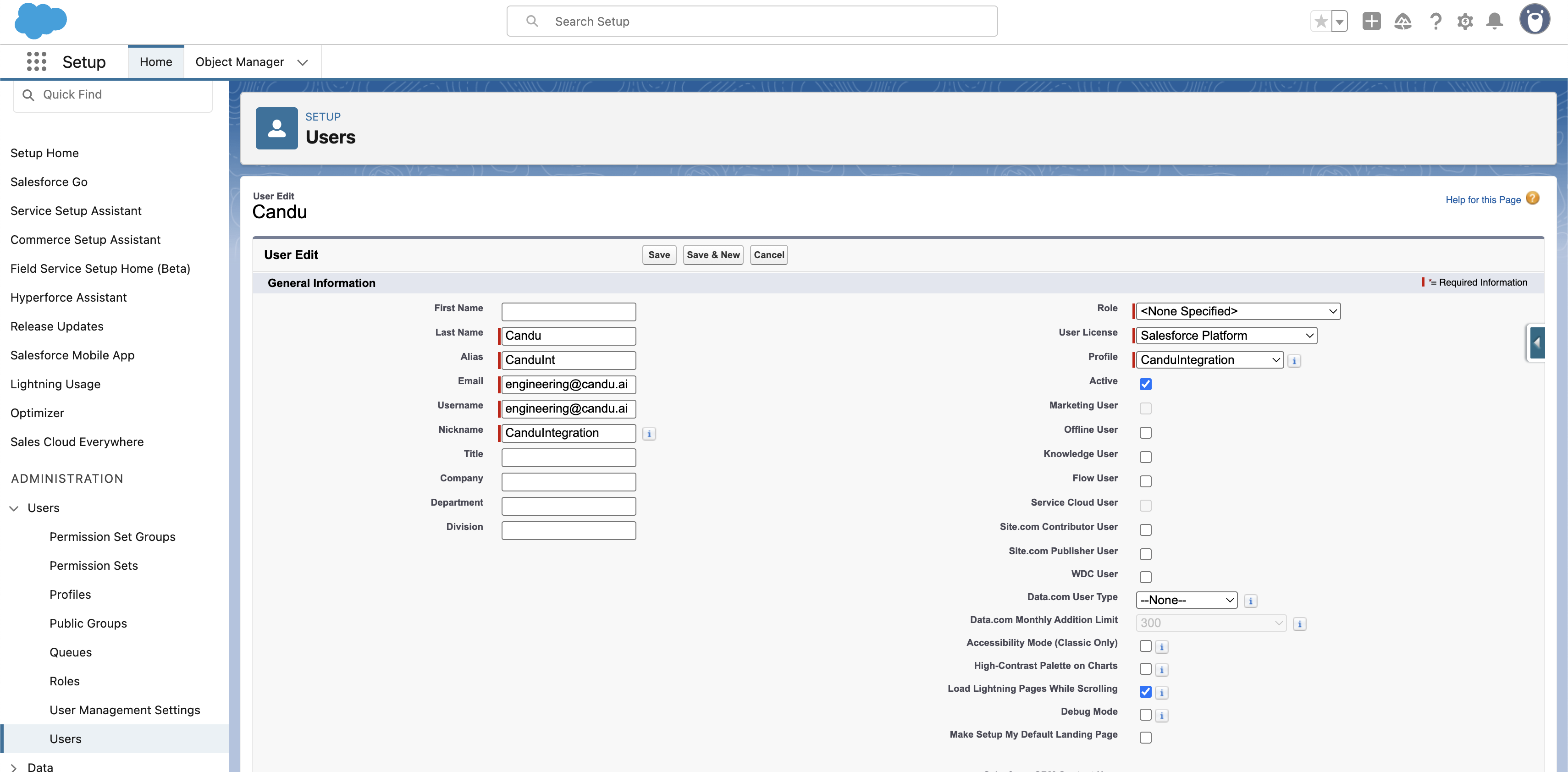 Create the integration user