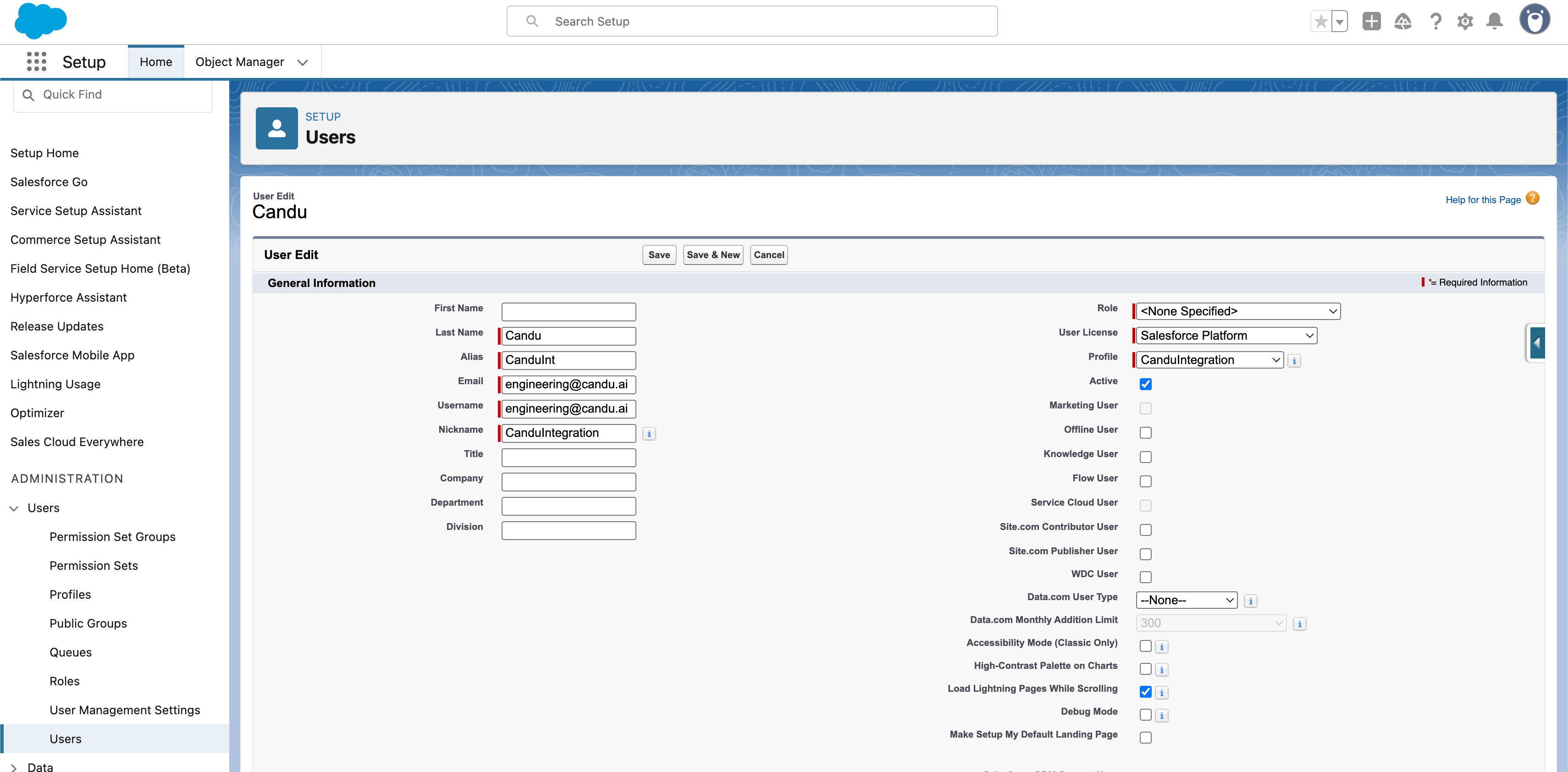Create the integration user