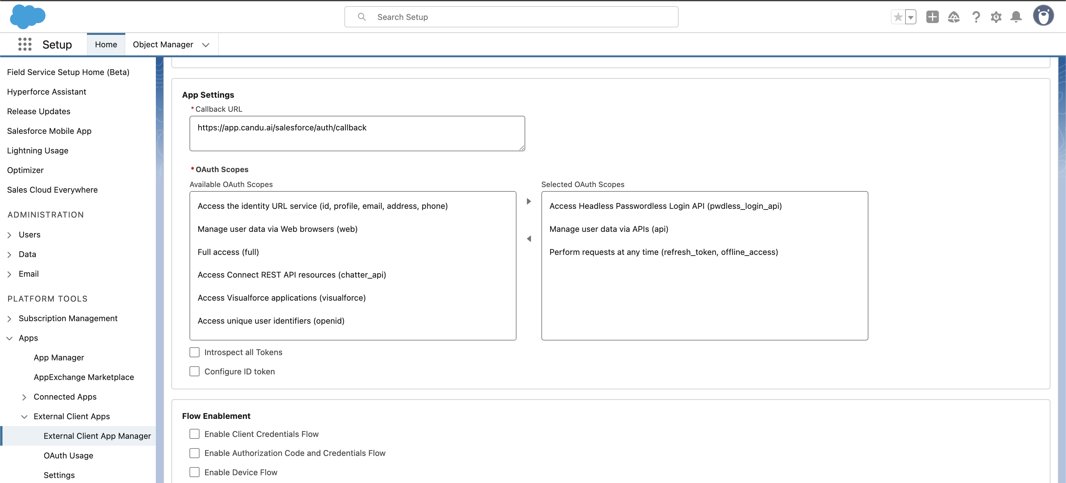 OAuth settings and scopes
