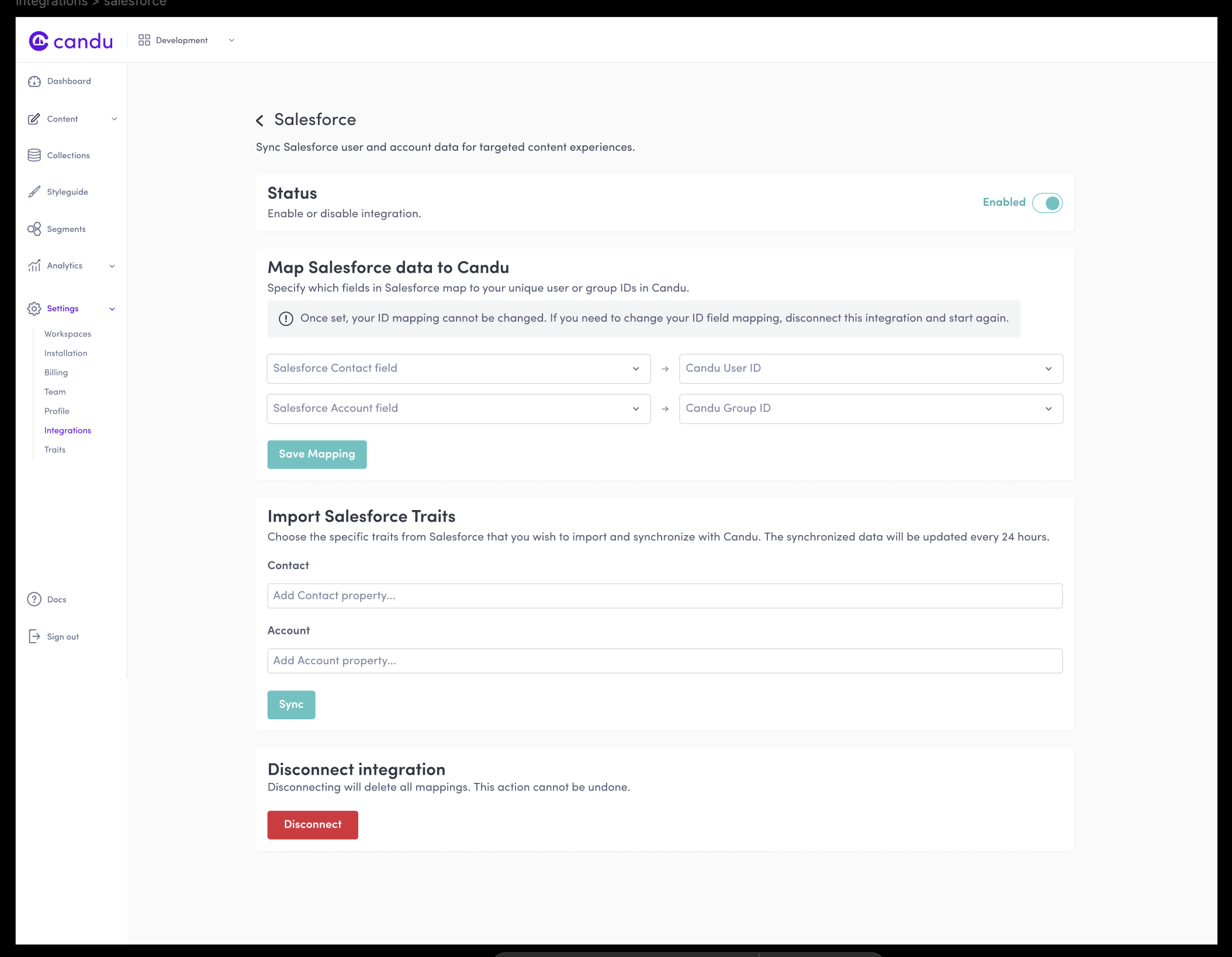 Candu Salesforce mapping and sync configuration