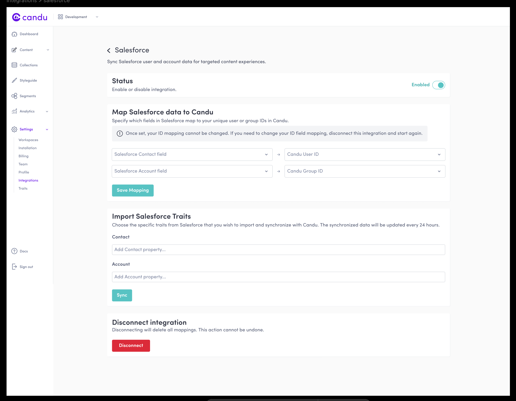 Candu Salesforce mapping and sync configuration