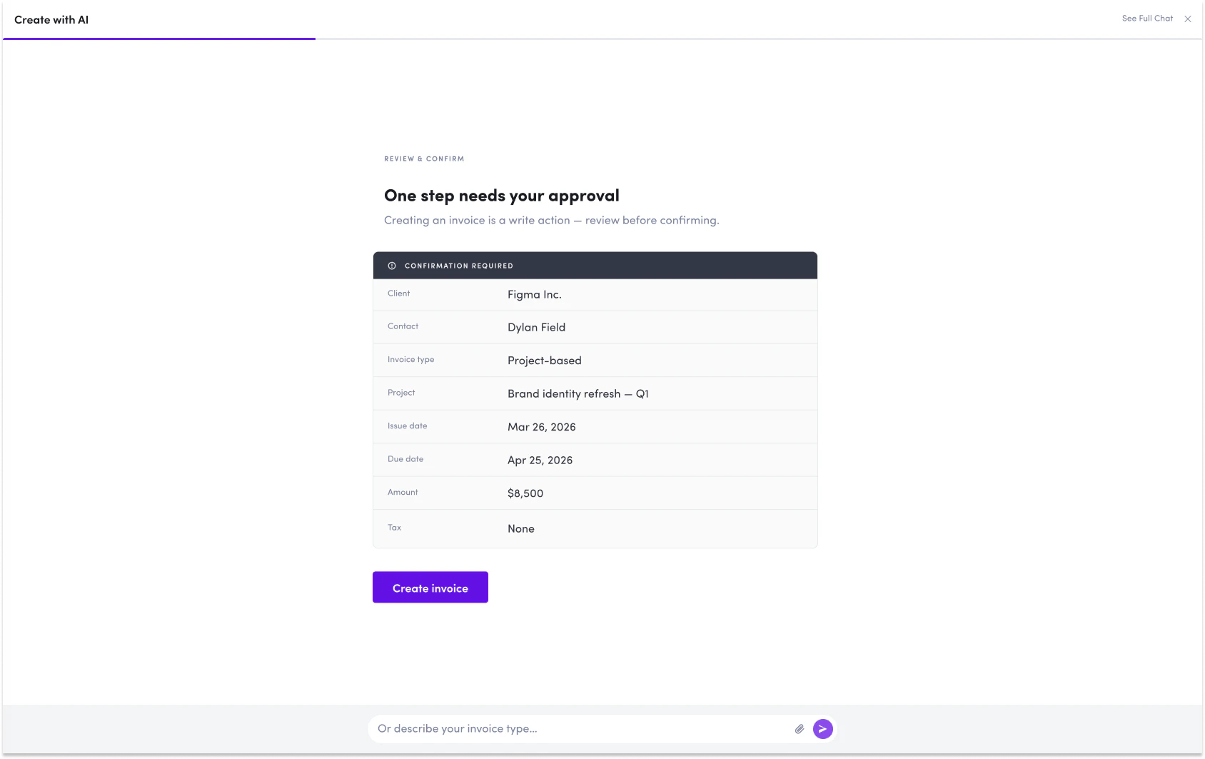 End-user confirmation screen showing a write action review before execution