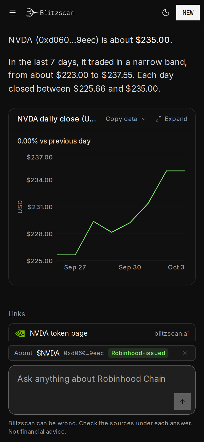 An answer on a phone: the NVDA price, its 7-day range and a daily price chart