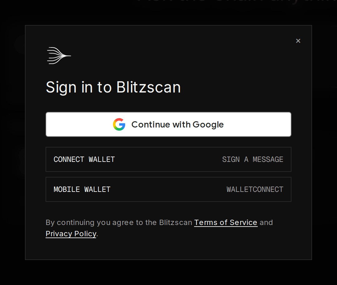 The sign-in dialog: Continue with Google, Connect wallet and Mobile wallet