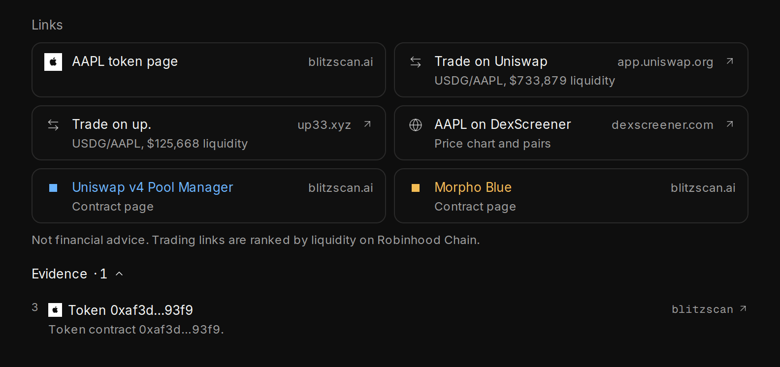 Links under an answer (the token page, where it trades, its price chart, contract pages) and the Evidence list with a numbered citation