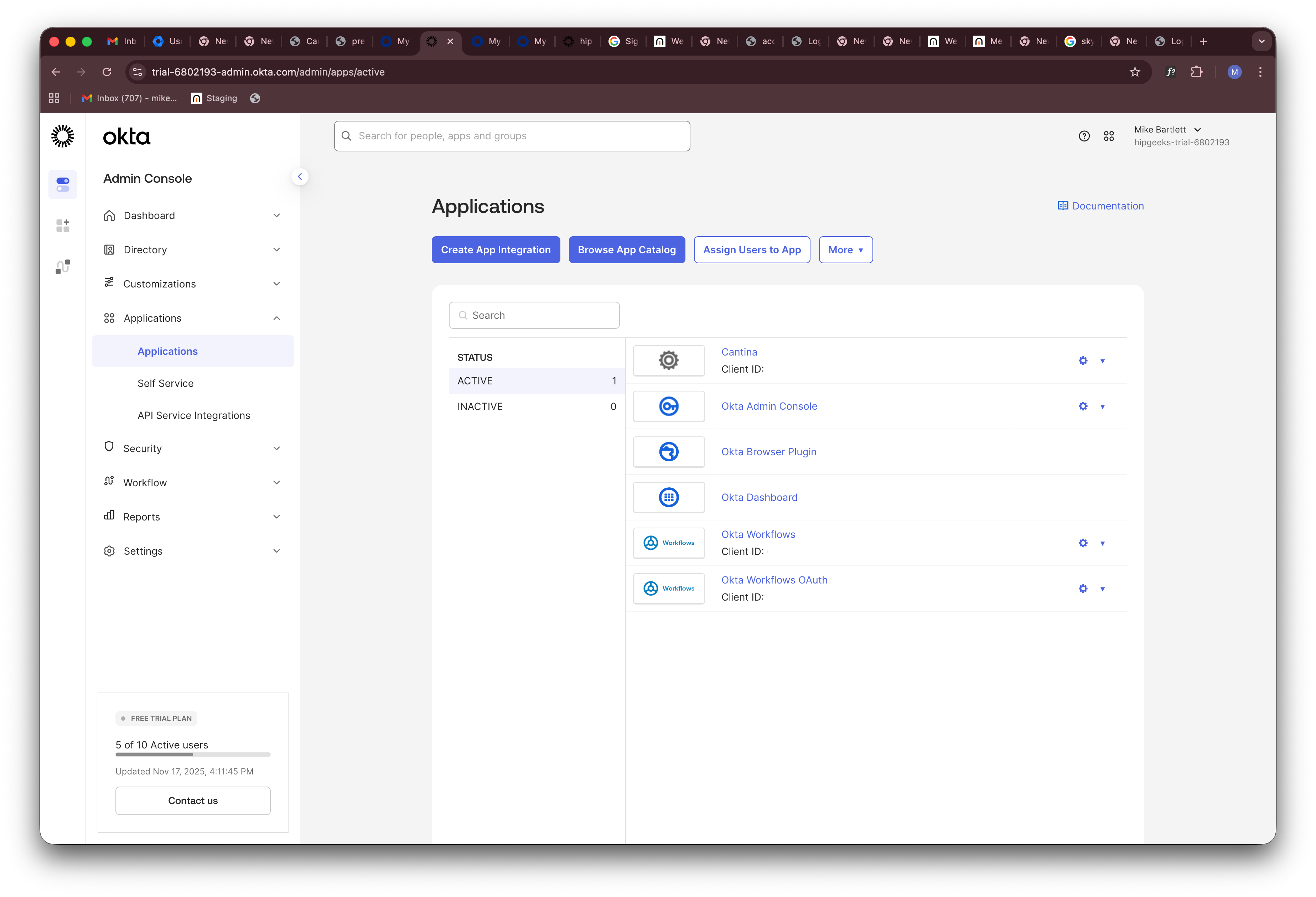 Okta Admin Console Applications page.