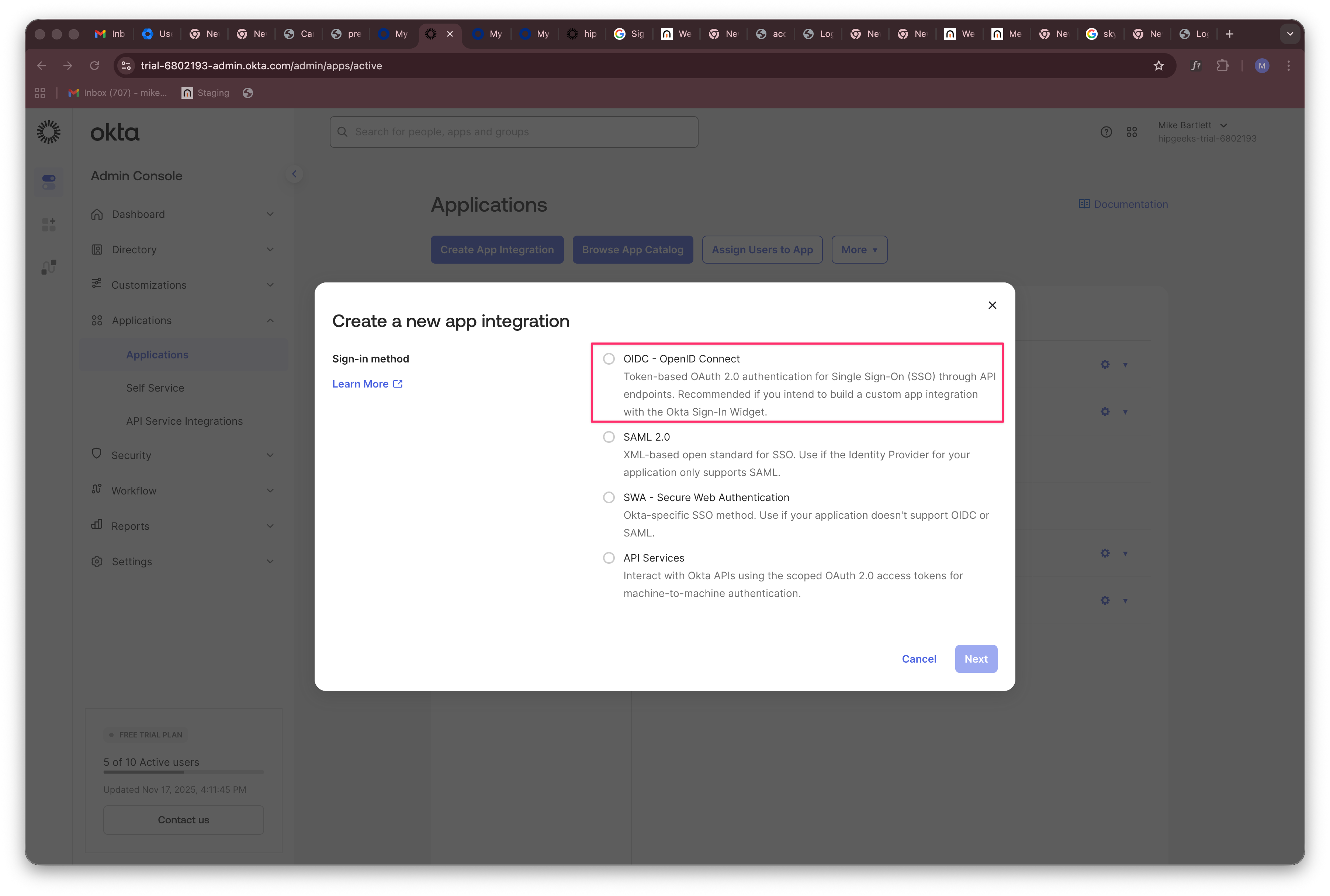 Okta Create App Integration with OIDC selected.