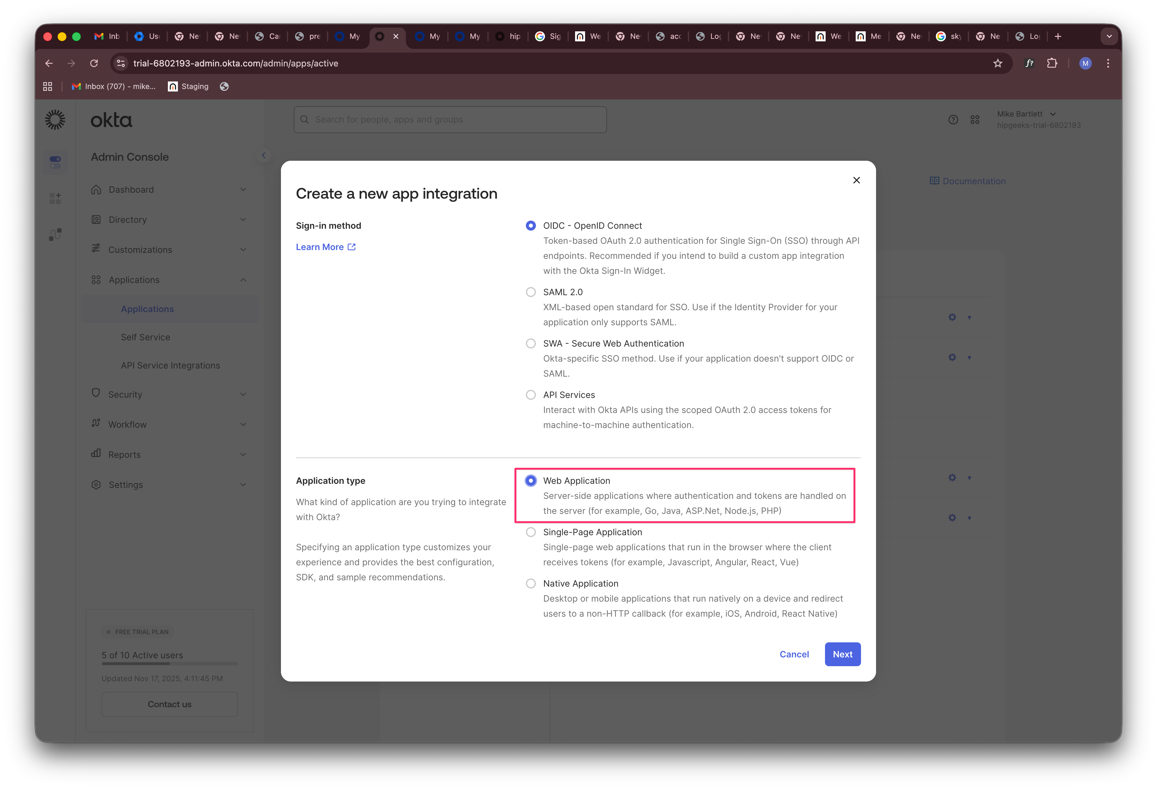 Okta Web Application type selection.