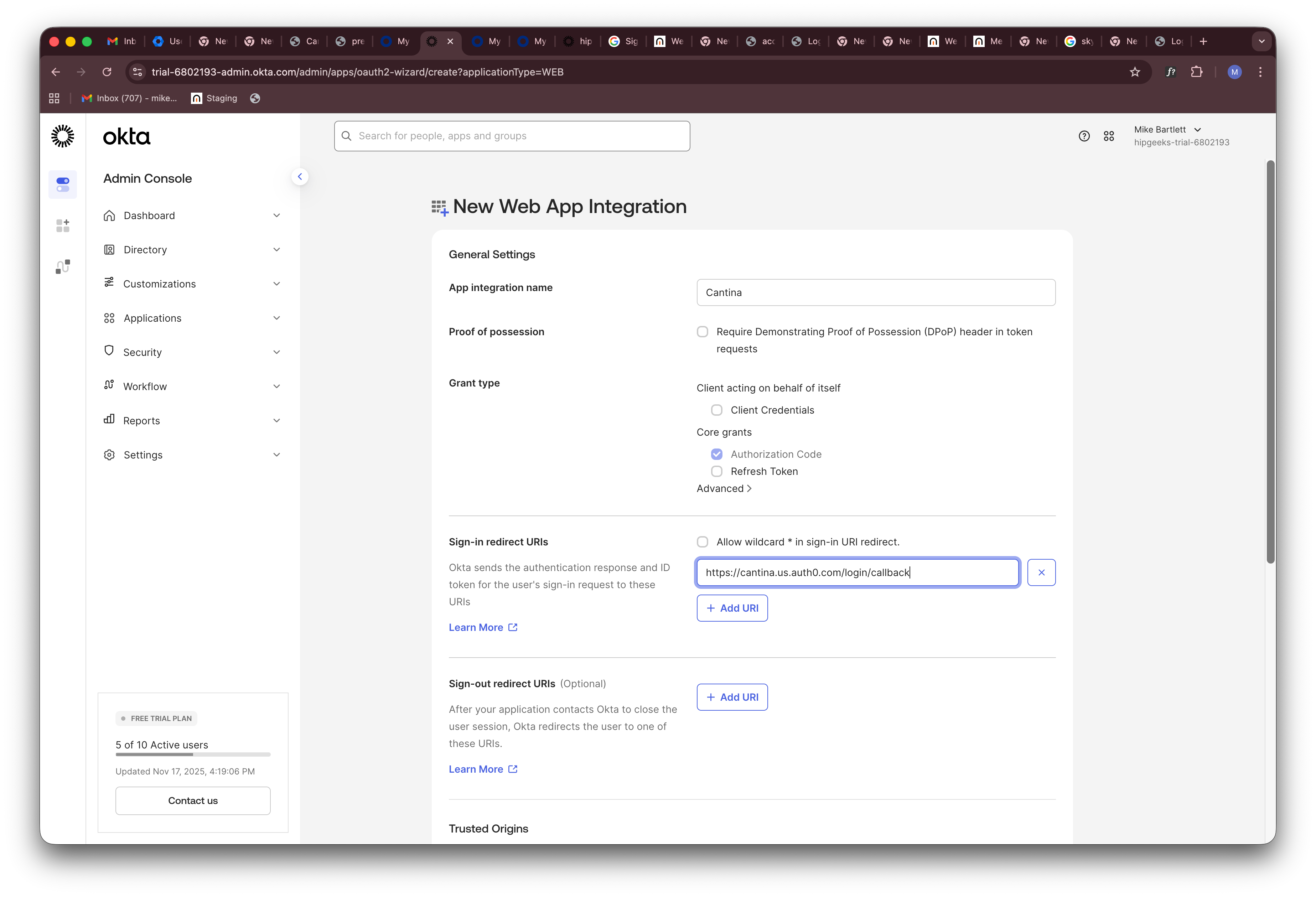 Okta application configuration with redirect URI.