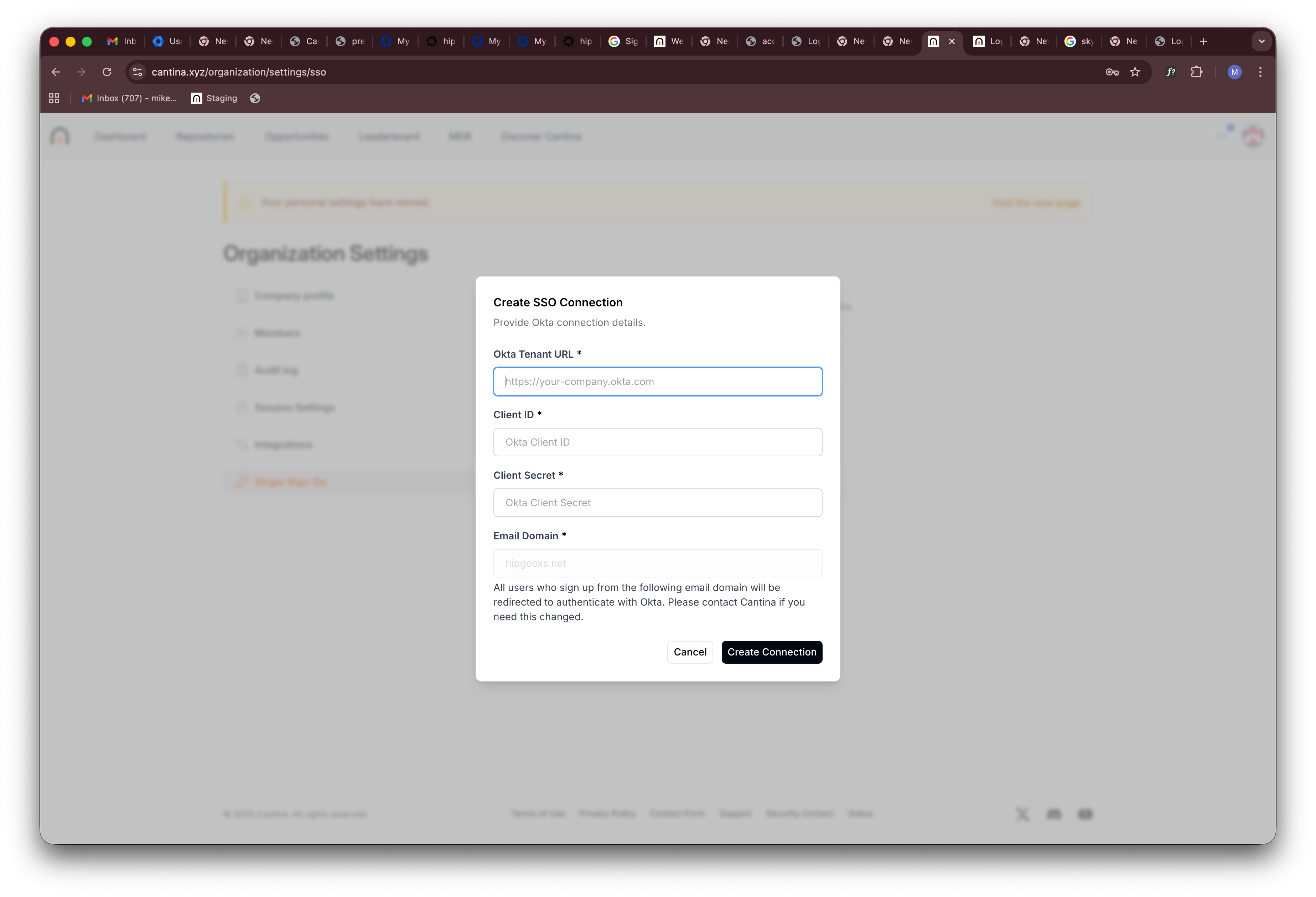 Cantina SSO settings page.