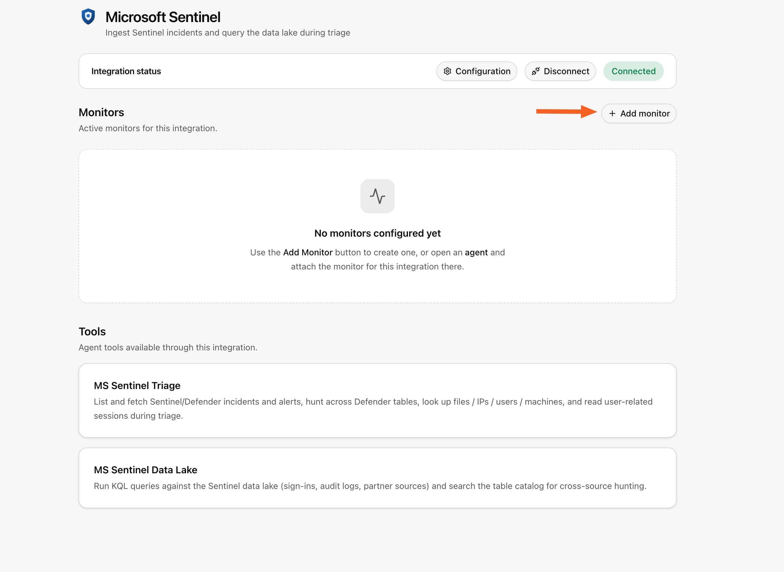Connected Sentinel integration with the Add monitor button