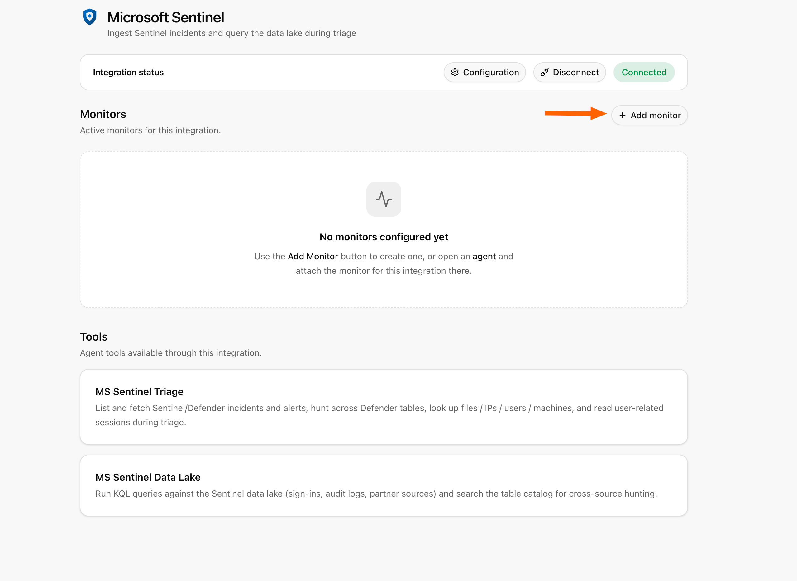Connected Sentinel integration with the Add monitor button