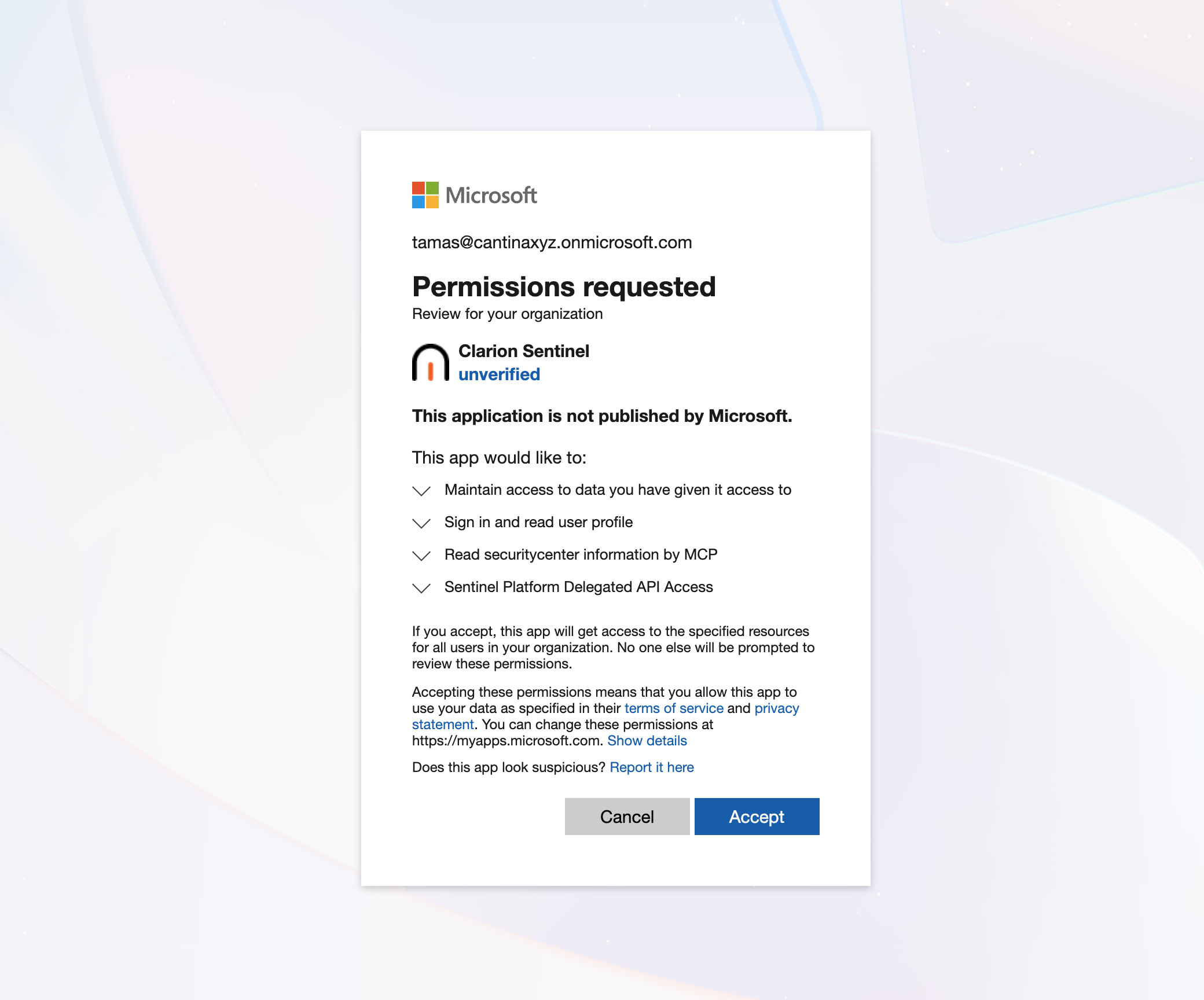 Microsoft admin-consent screen for the Clarion Sentinel app