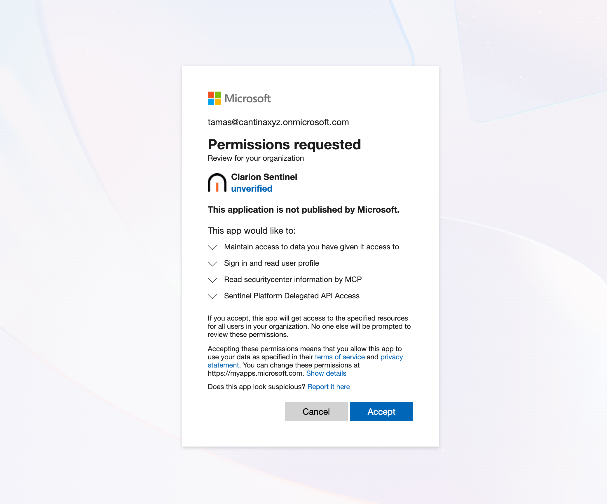 Microsoft admin-consent screen for the Clarion Sentinel app