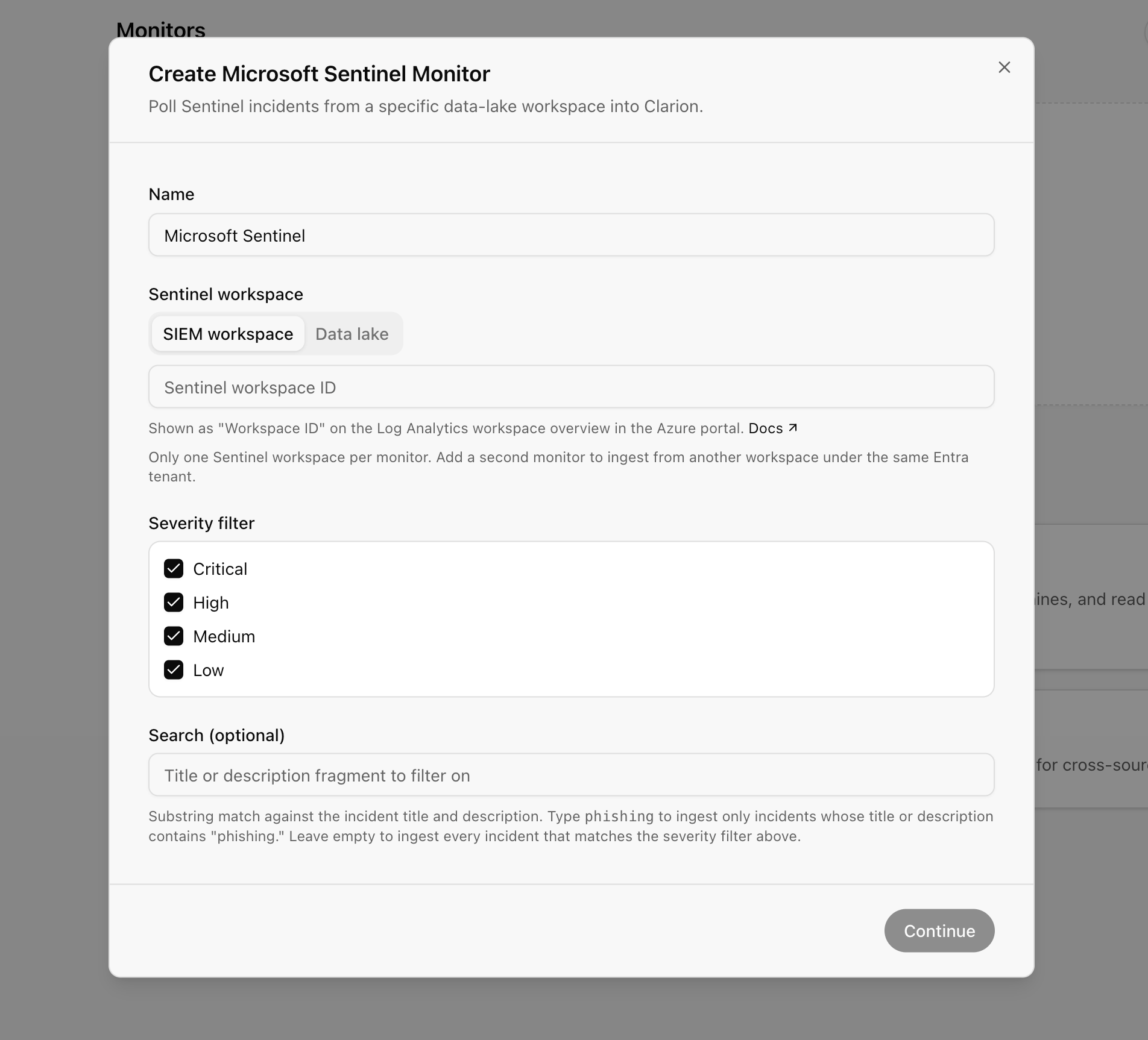Create Microsoft Sentinel Monitor dialog