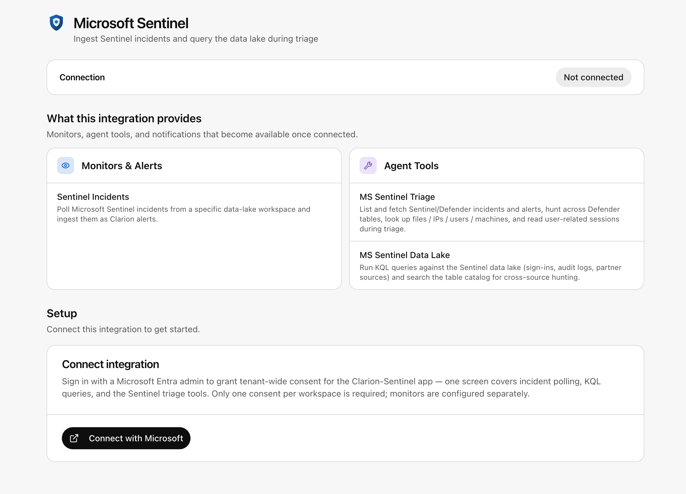 Microsoft Sentinel integration page with the Connect with Microsoft button