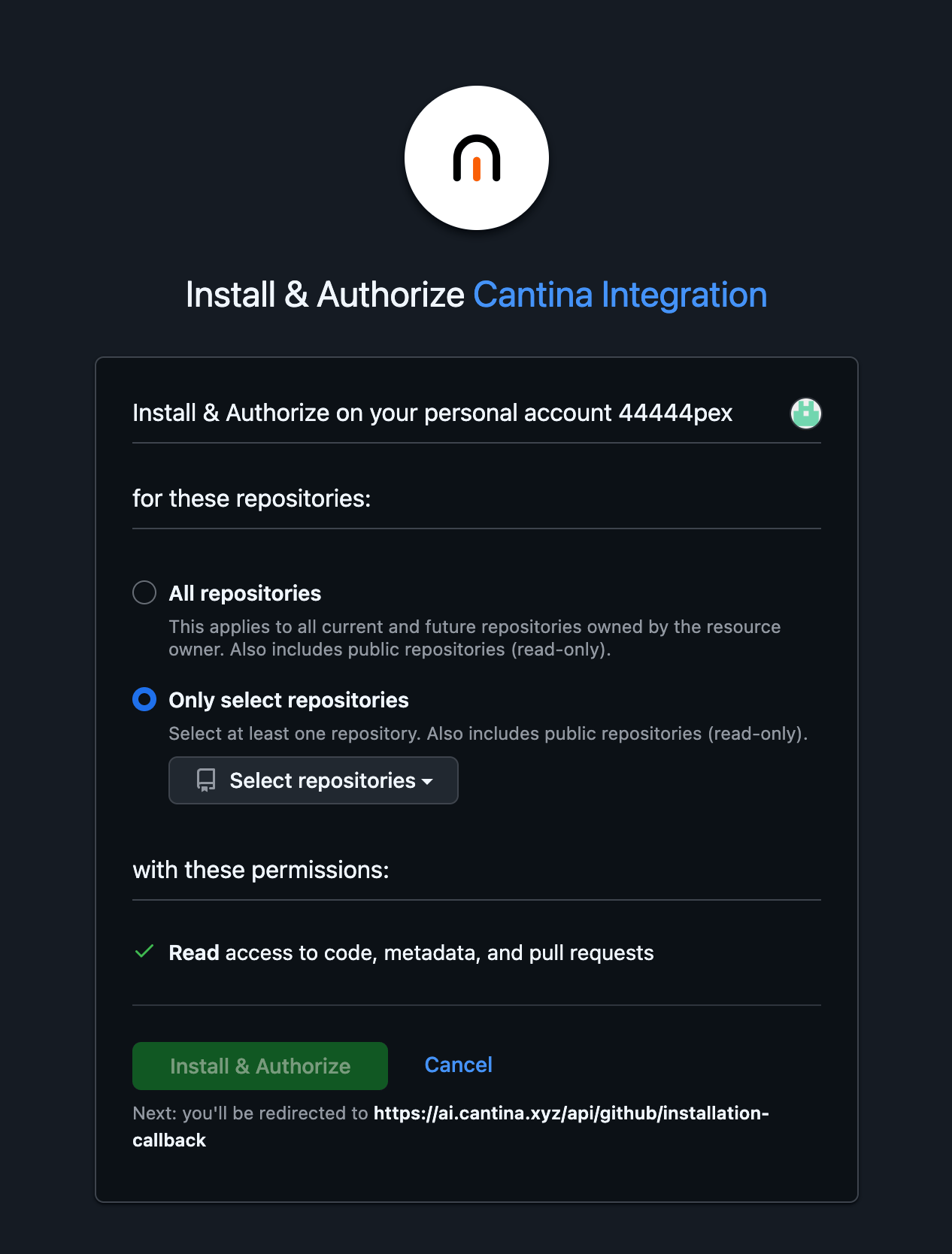 GitHub App authorization screen