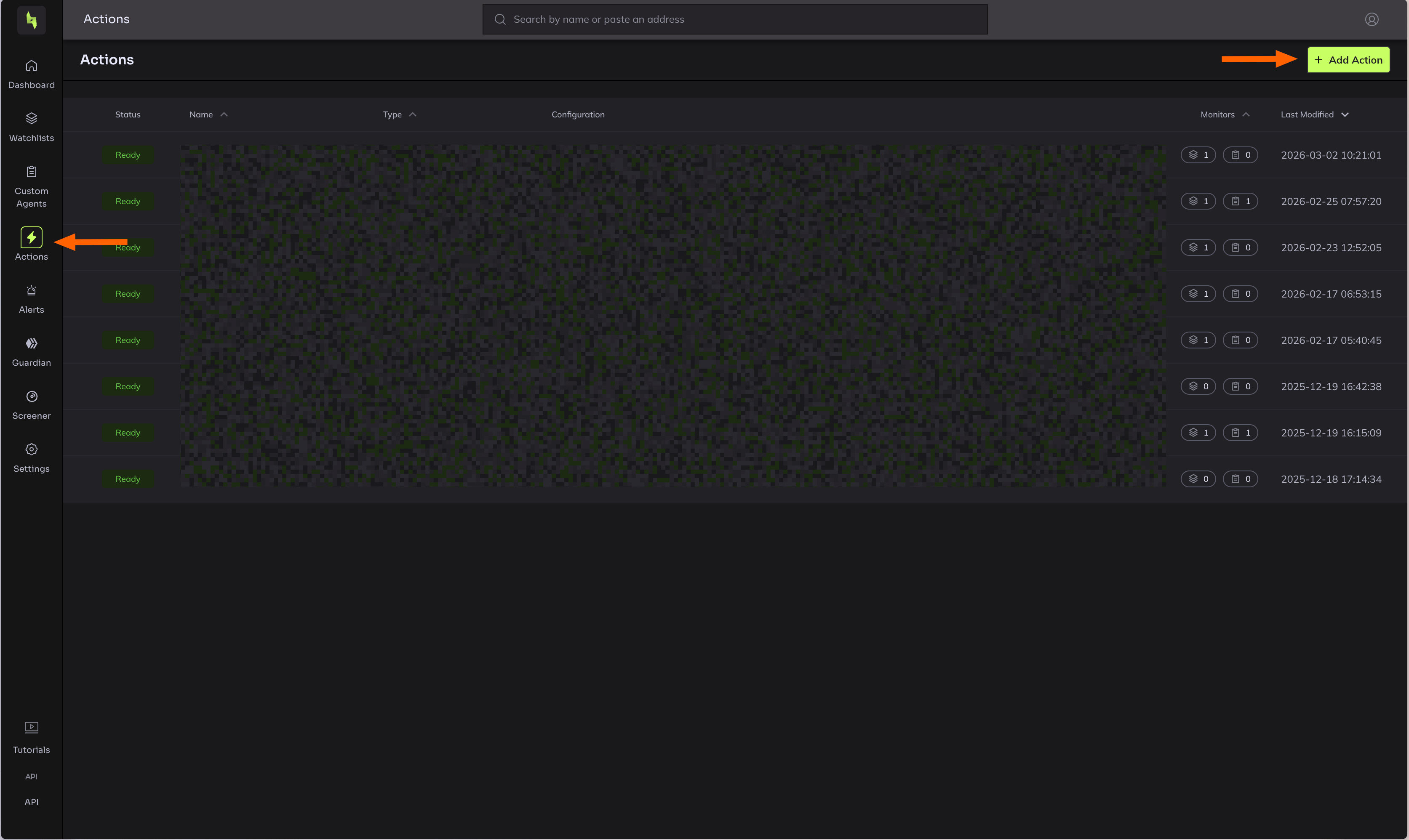 Actions page in the Hypernative dashboard