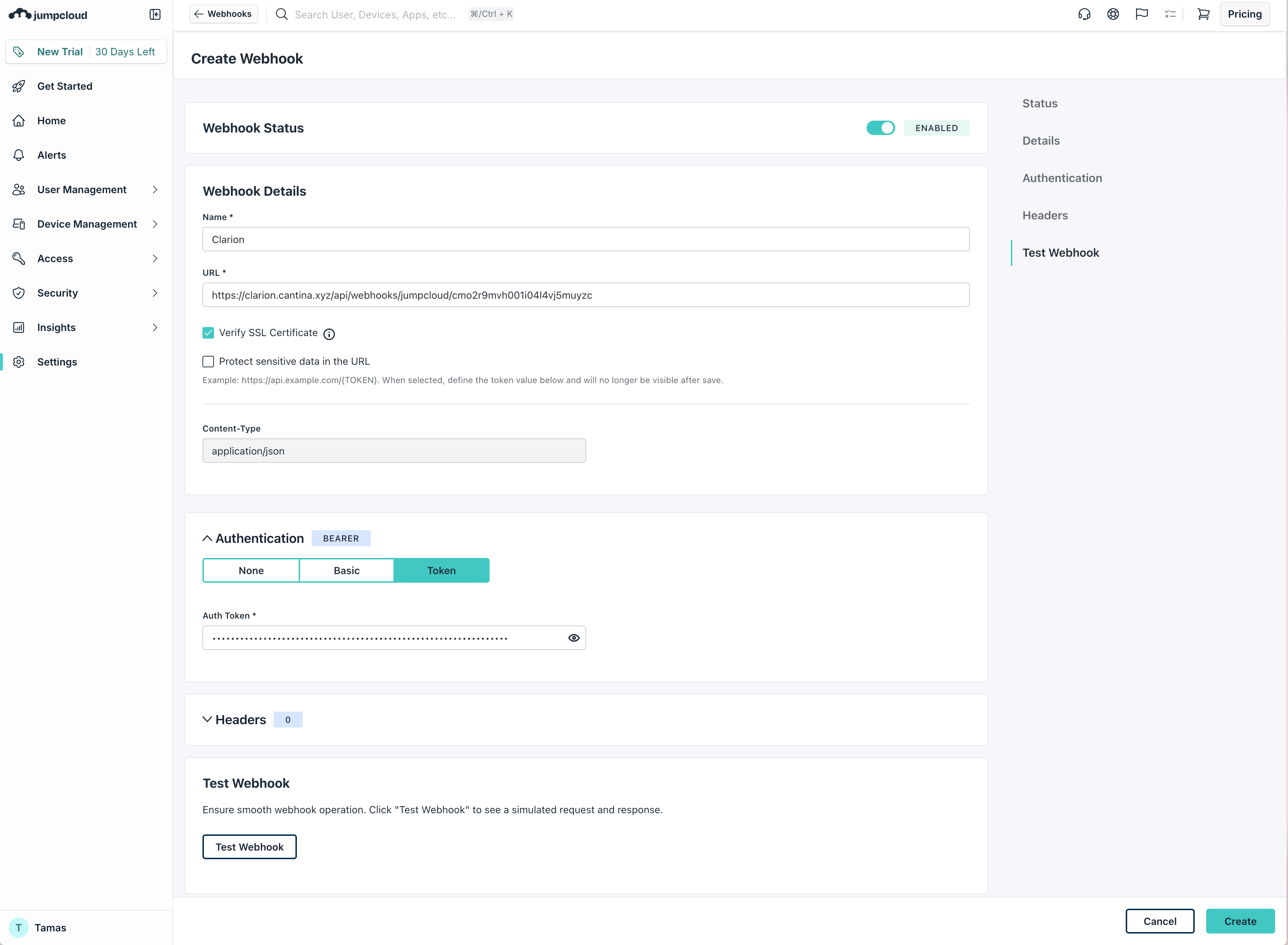 JumpCloud Webhook Form