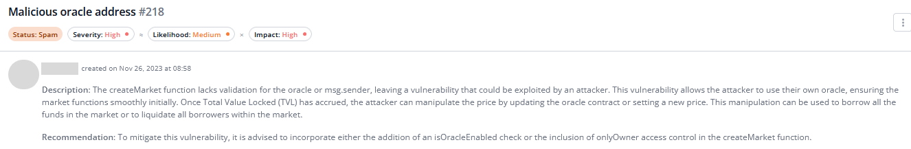 Security issue report with severity indicators.