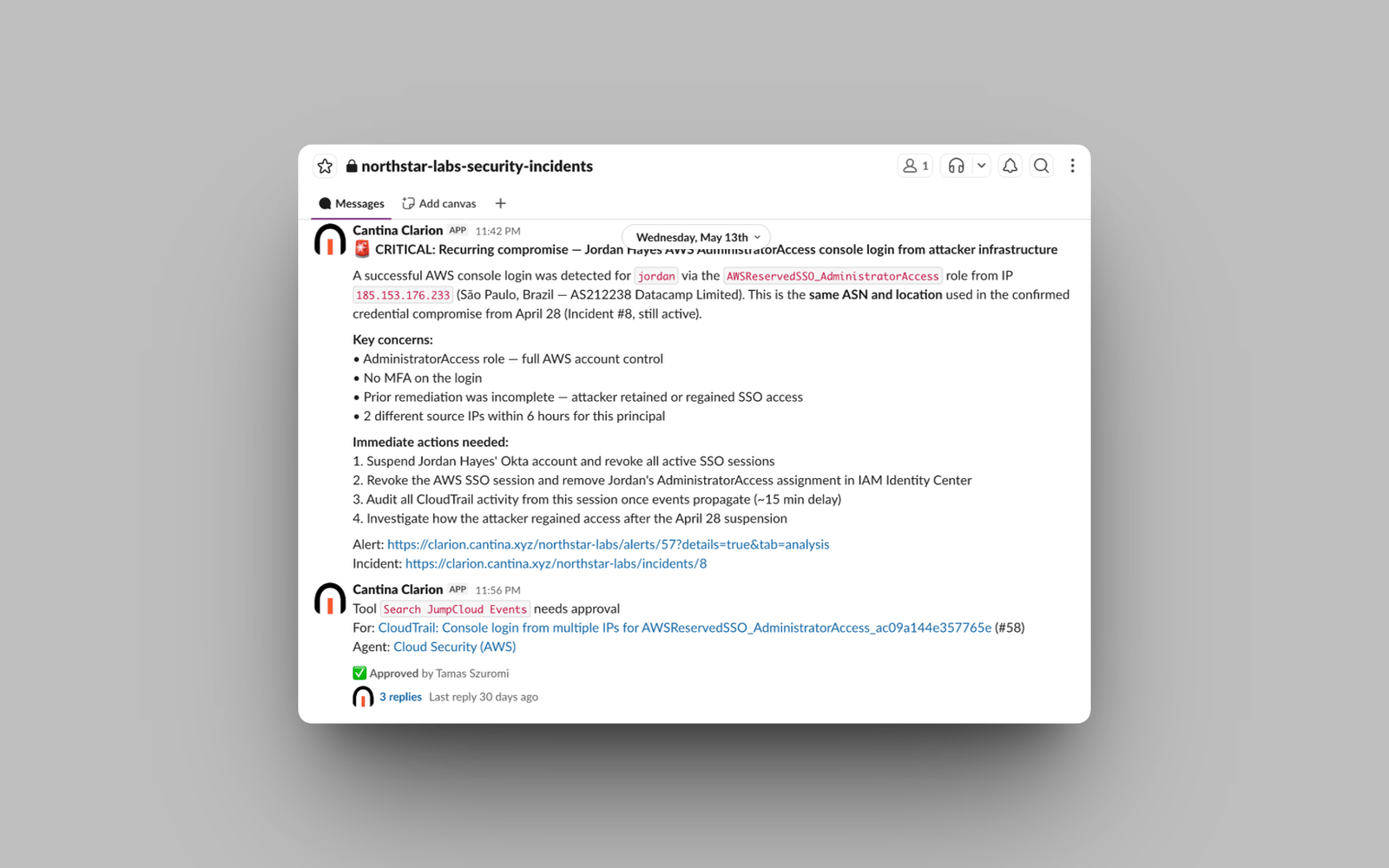 Clarion posting a critical alert notification and a tool-approval request in a Slack channel