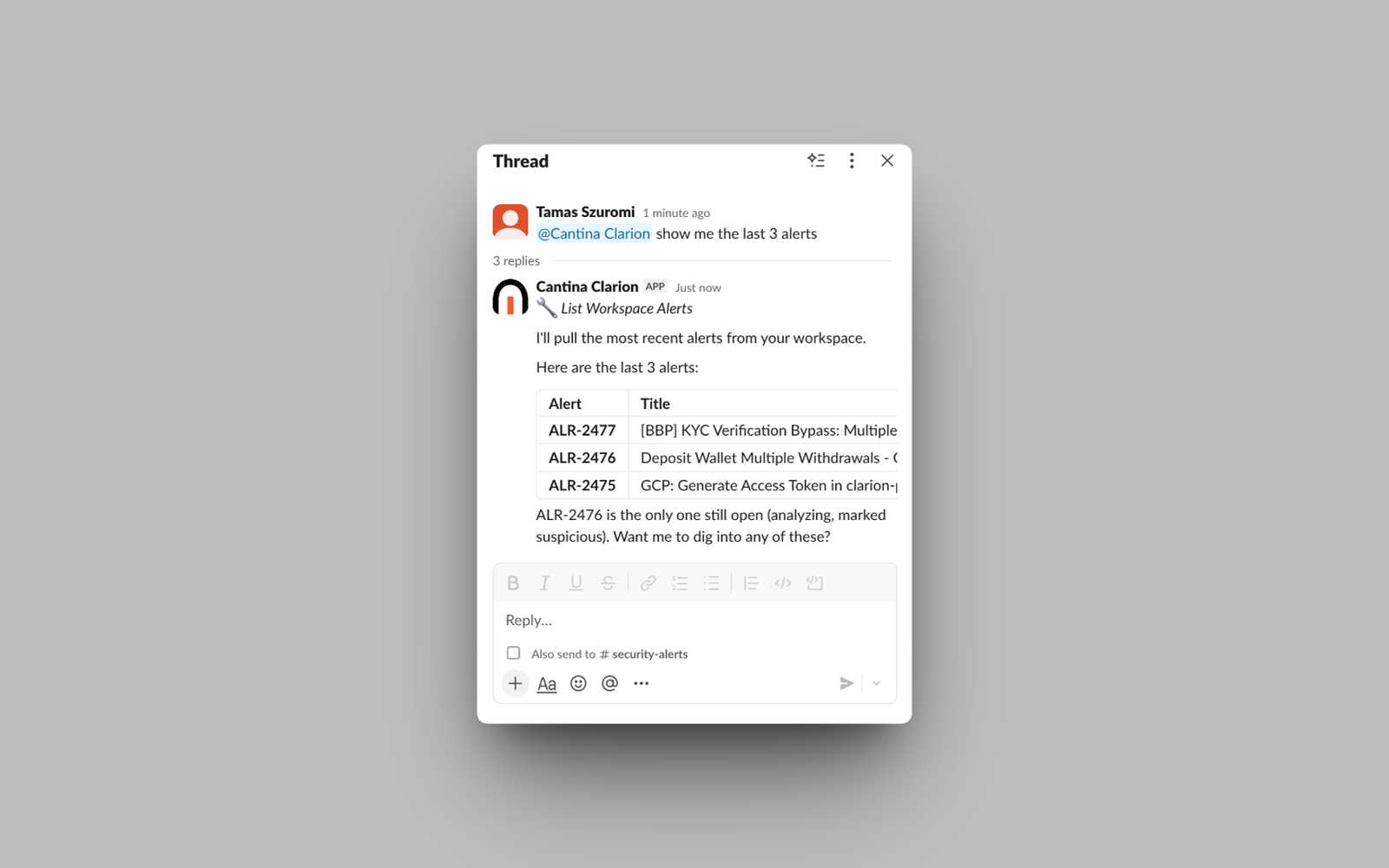 Mentioning the Clarion app in Slack and getting an agent reply in a thread