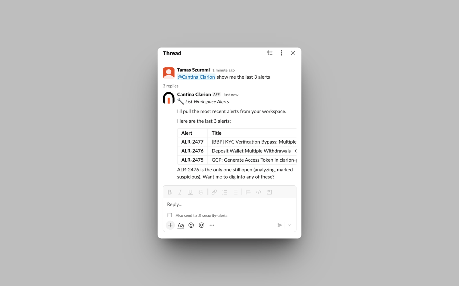 Mentioning the Clarion app in Slack and getting an agent reply in a thread
