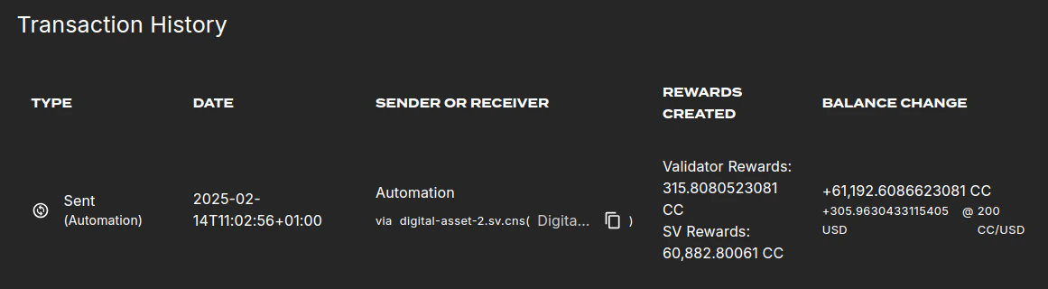 Transaction history showing a validator reward transaction.
