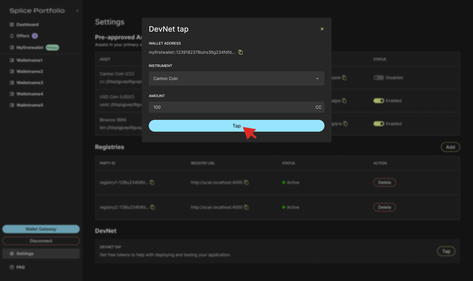 Faucet form for selecting an instrument type and amount