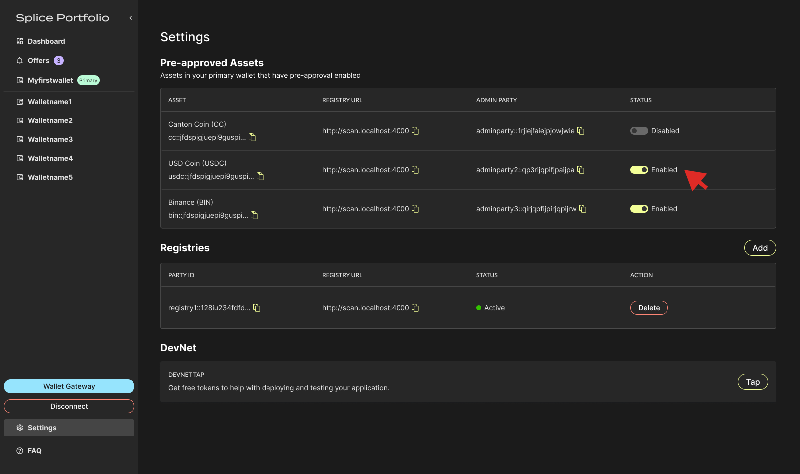 Pre-Approvals section of the Settings page with asset toggles