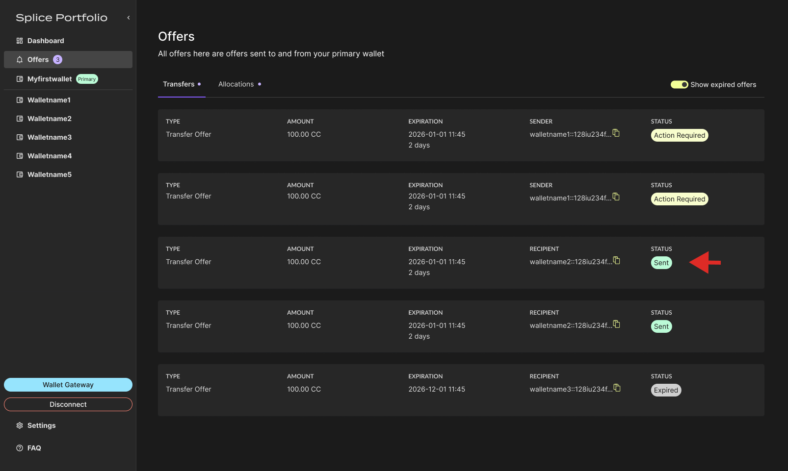 Transfer offer selected in the Offers page