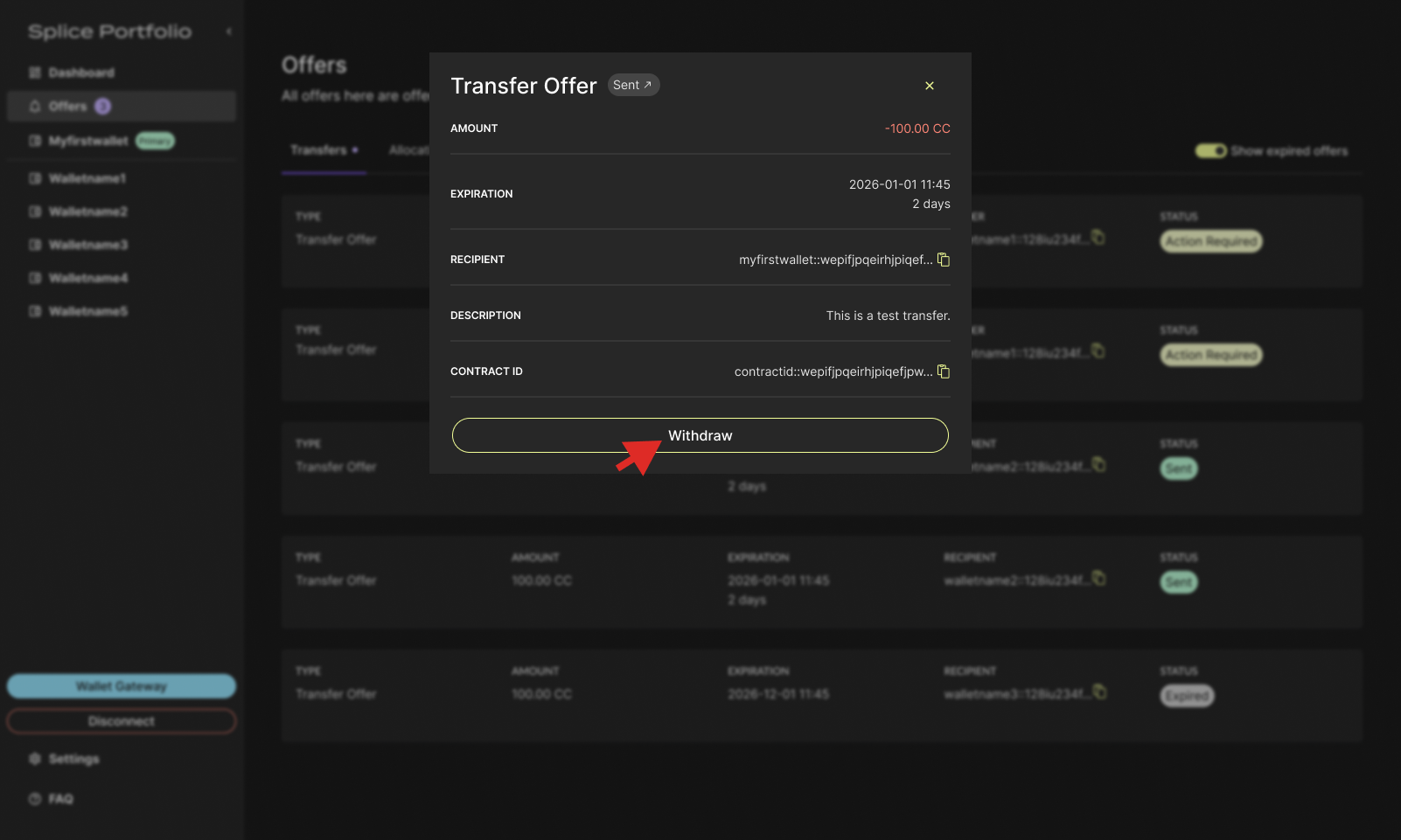 Withdraw button on a transfer offer
