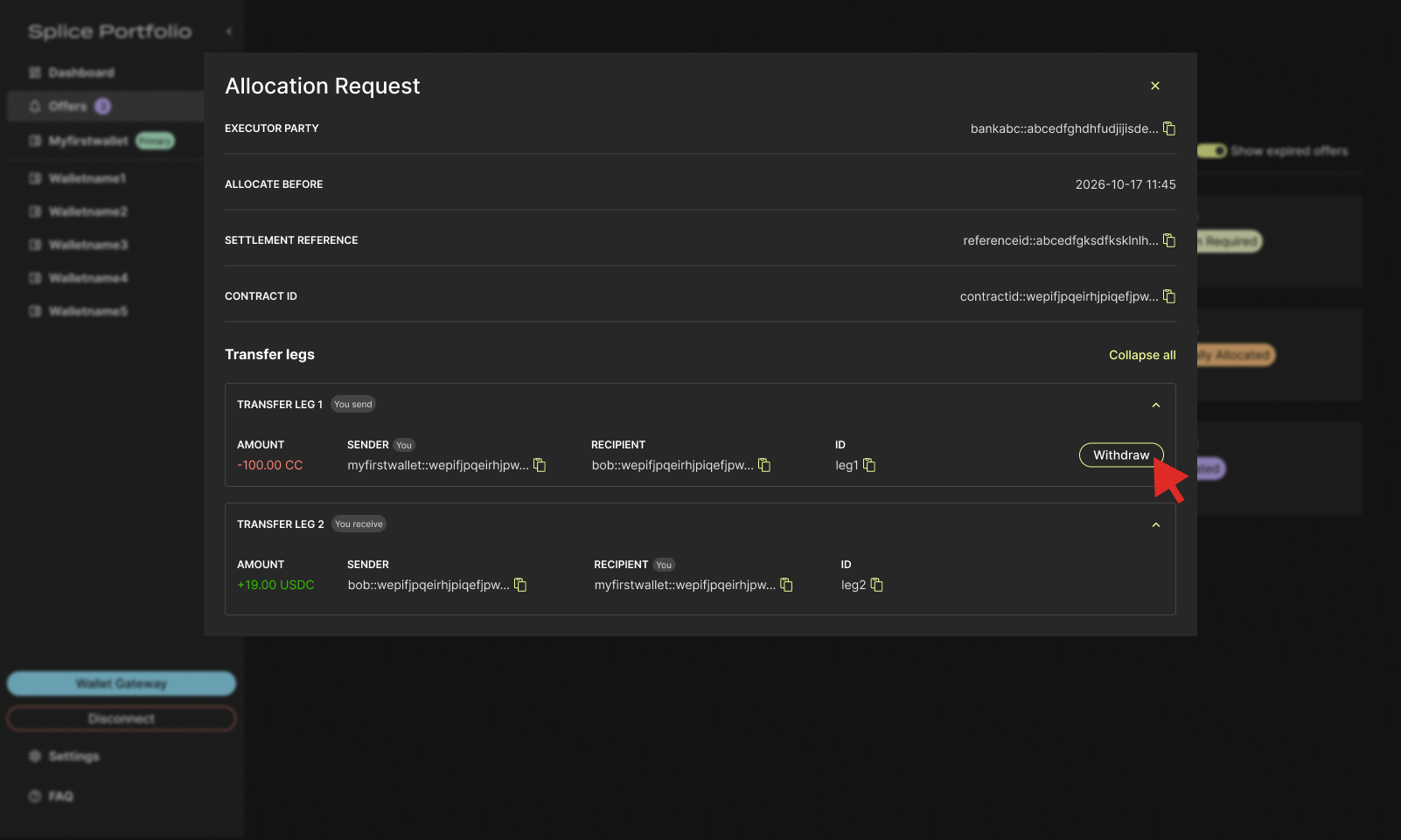 Withdraw buttons on the transfer legs of an allocation