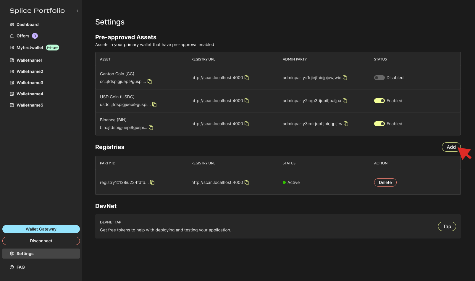 Registries section of the Settings page with the Add button